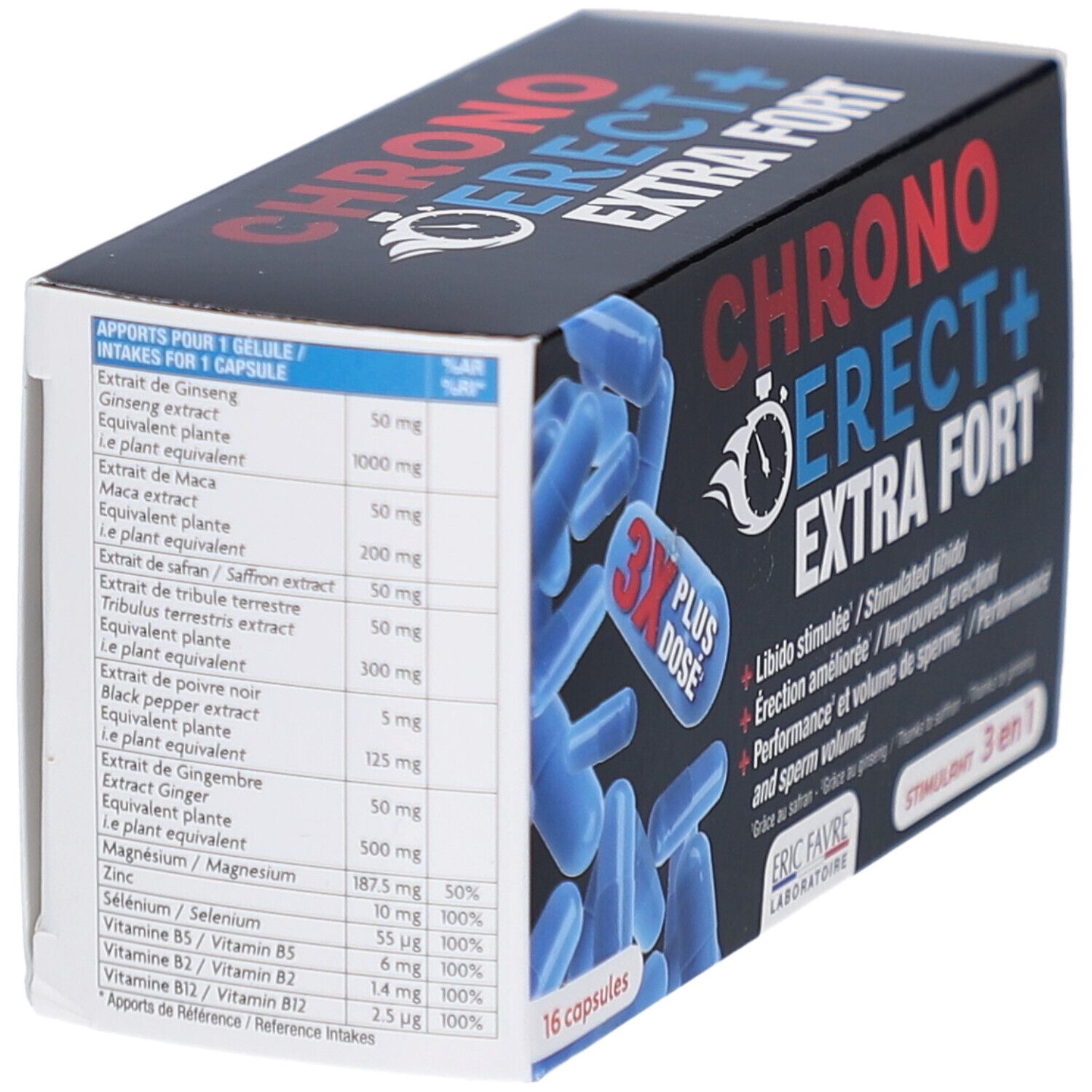 Boîte avec gélules bleues. Inscription: CHRONO ERECT+ EXTRA FORT. Liste des ingrédients et informations nutritionnelles. 16 gélules.