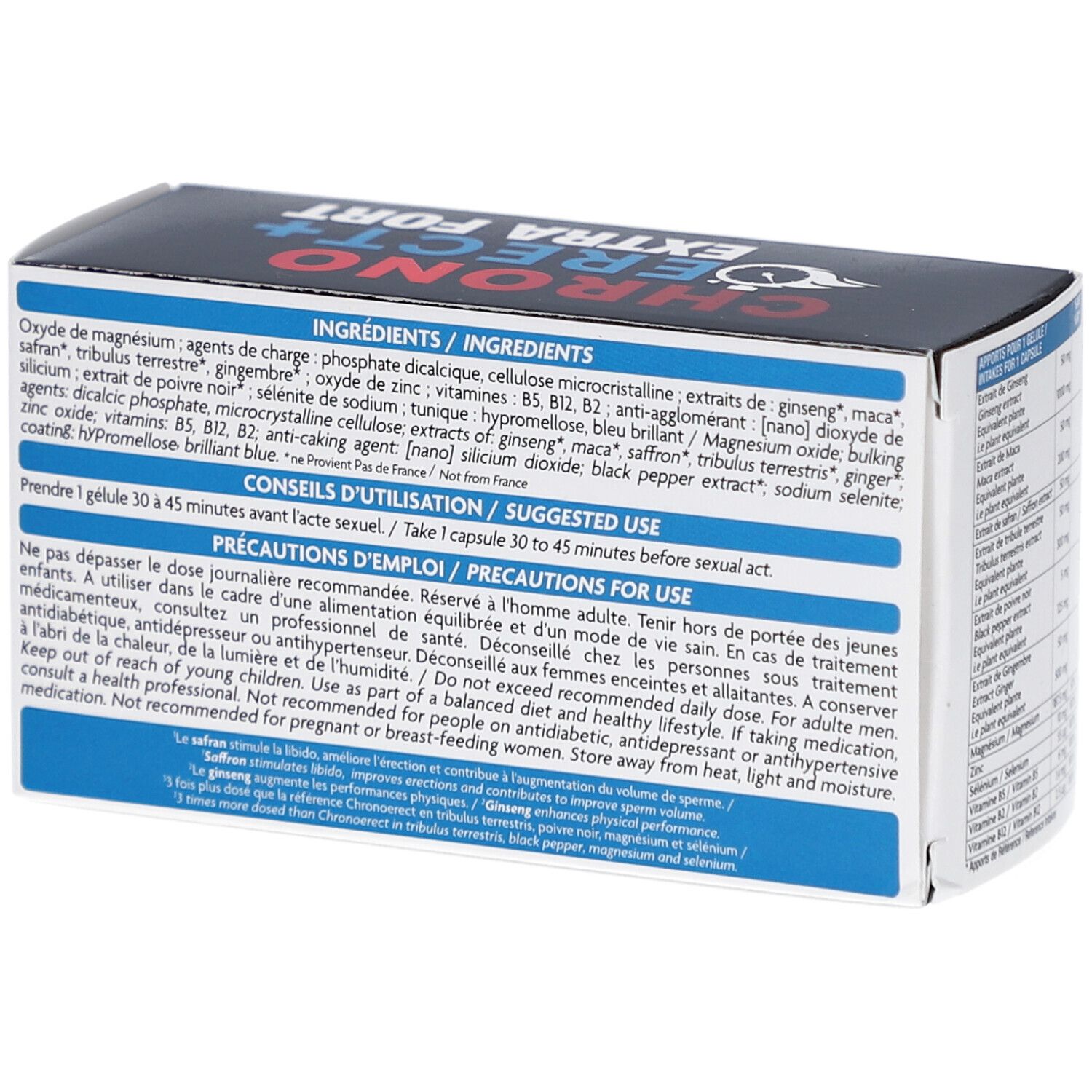 Boîte avec gélules bleues. Inscription: CHRONO ERECT+ EXTRA FORT. Liste des ingrédients et conseils d'utilisation. 16 gélules.