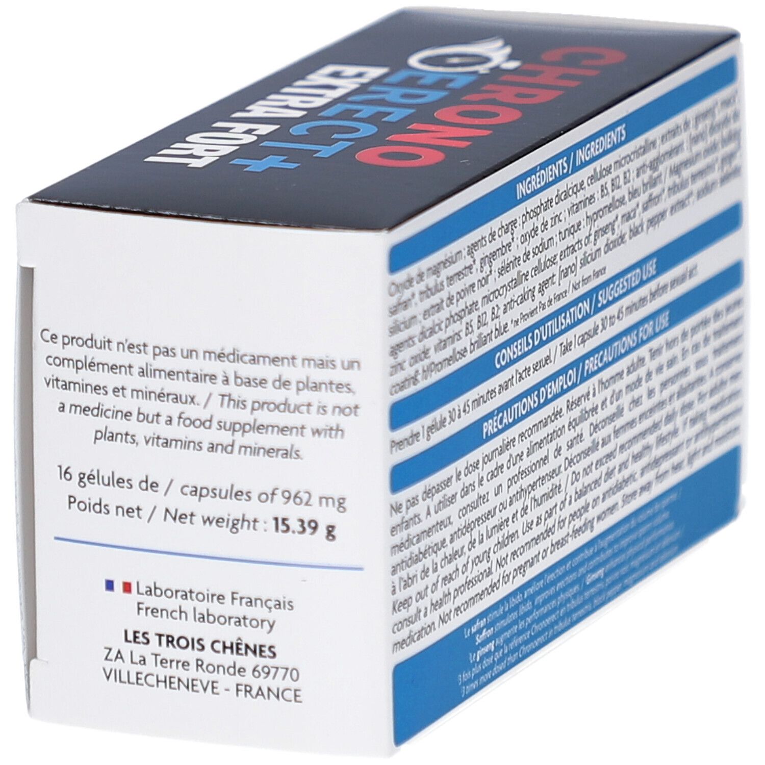 Boîte avec gélules bleues. Inscription: CHRONO ERECT+ EXTRA FORT. Informations fabricant et avertissements. 16 gélules.