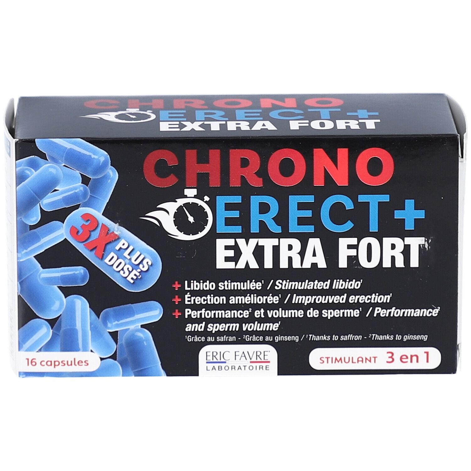 Boîte avec gélules bleues. Inscription: CHRONO ERECT+ EXTRA FORT. 16 gélules. Logo: 3X PLUS DOSE. Marque: ERIC FAVRE LABORATOIRE.
