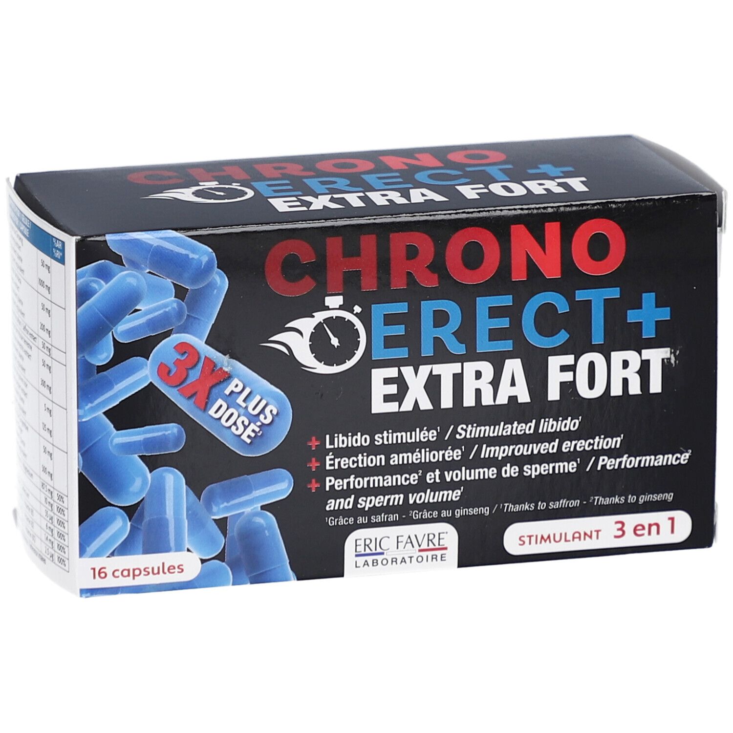 Boîte avec gélules bleues. Inscription: CHRONO ERECT+ EXTRA FORT. 16 gélules. Logo: 3X PLUS DOSE. Marque: ERIC FAVRE LABORATOIRE.