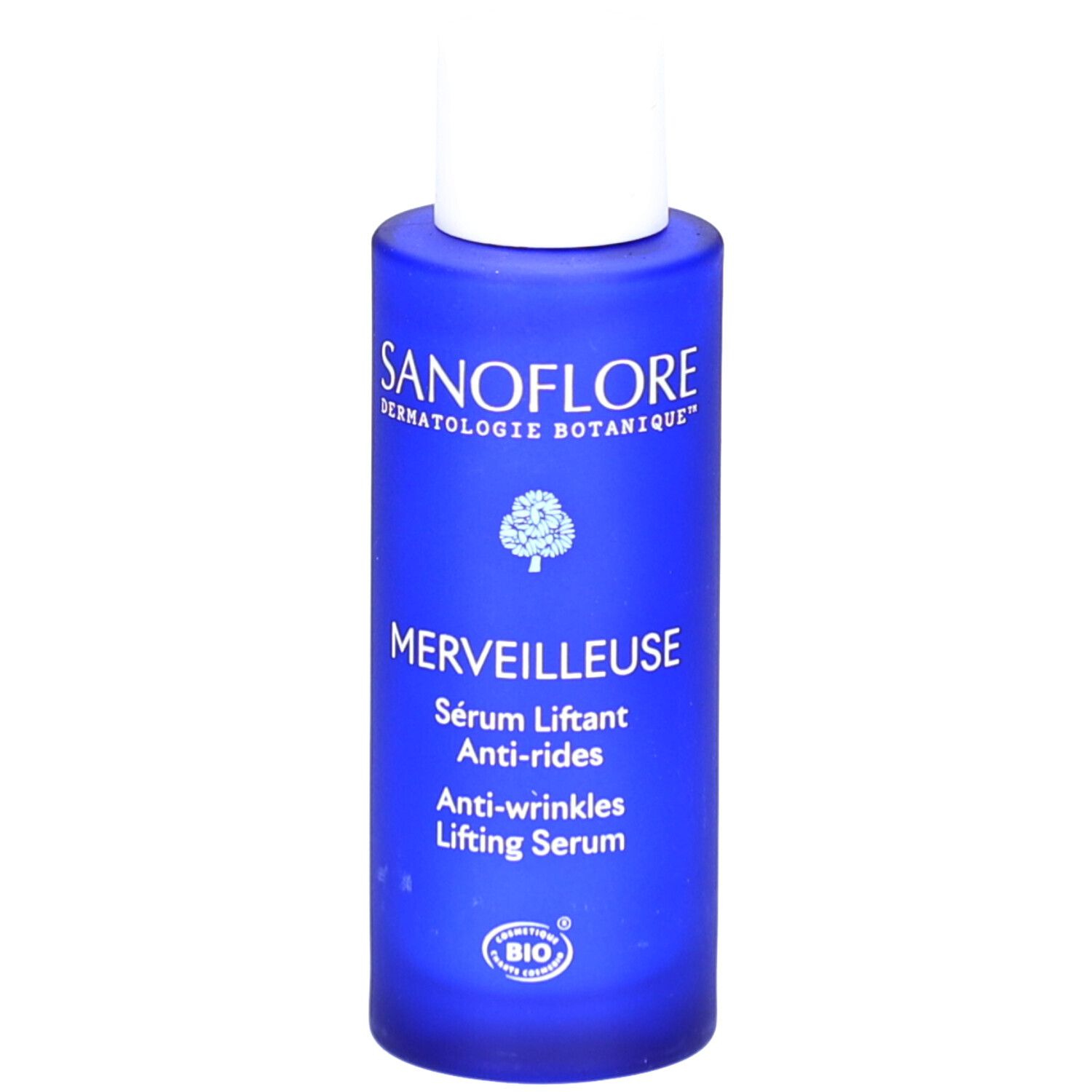 Flacon de sérum bleu avec bouchon blanc. Inscriptions: SANOFLORE, MERVEILLEUSE, Sérum Liftant Anti-rides, Anti-wrinkles Lifting Serum.