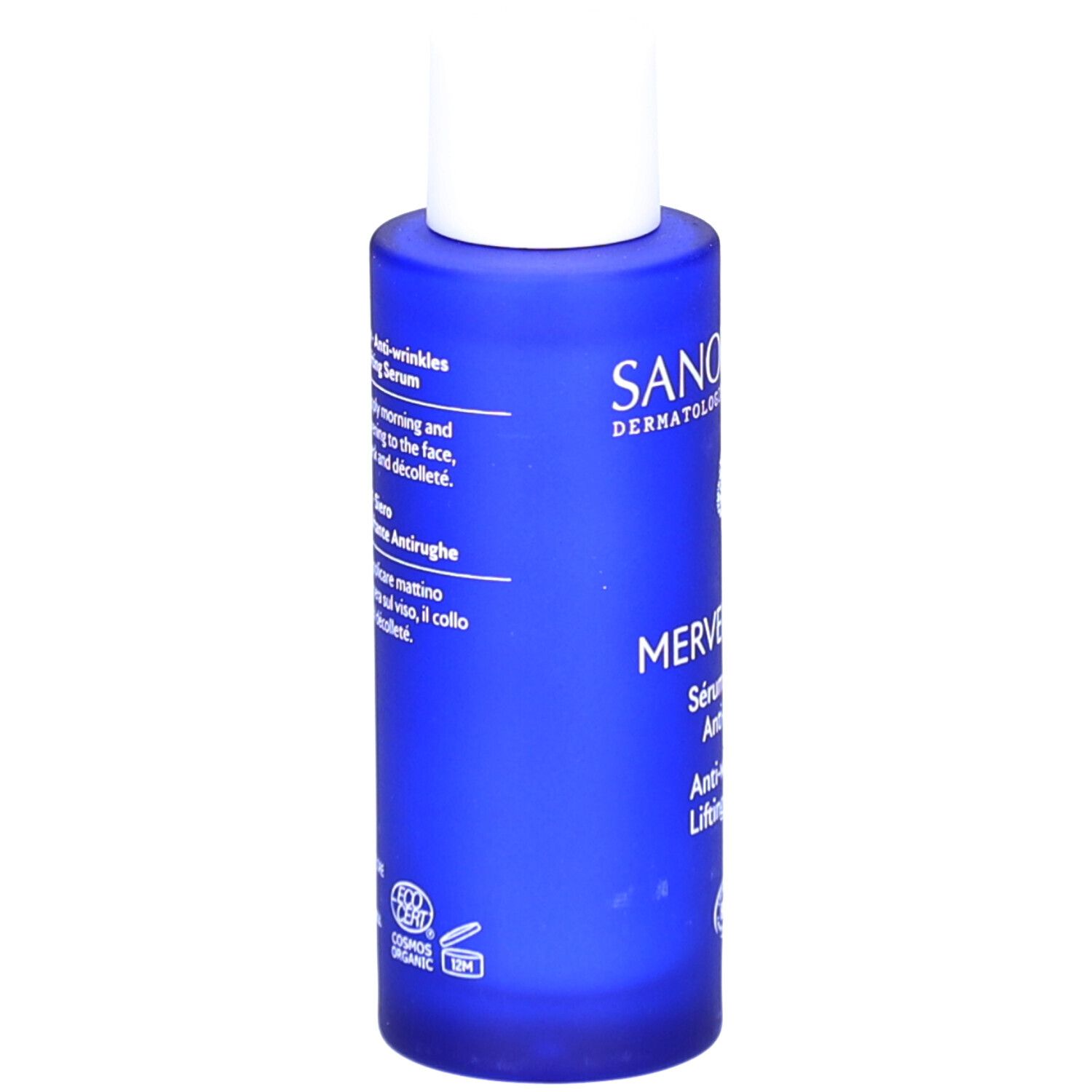 Flacon de sérum bleu avec bouchon blanc. Texte en anglais et italien. Inscriptions: SANOFLORE, MERVEILLEUSE, Anti-wrinkles Lifting Serum.