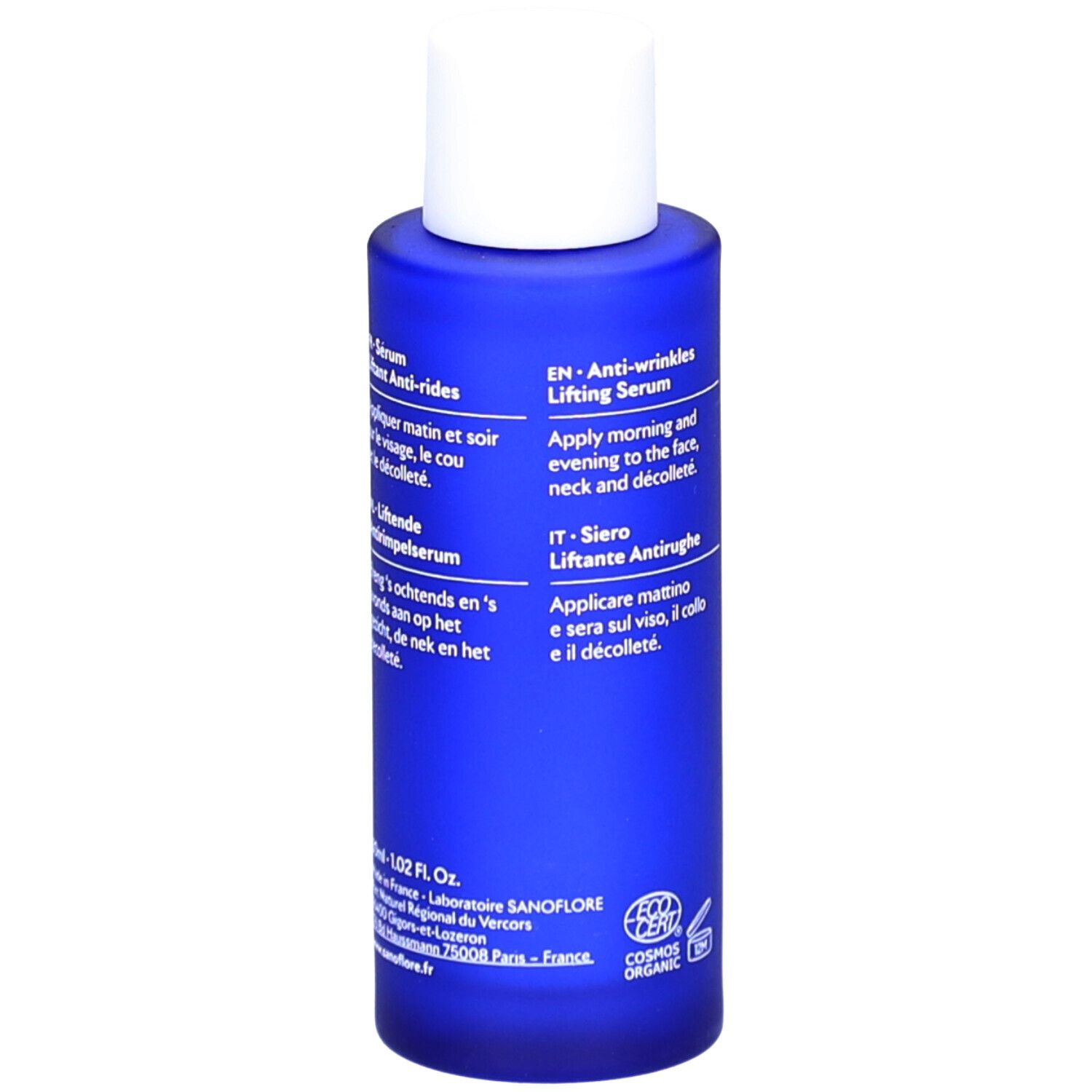 Flacon de sérum bleu avec bouchon blanc. Texte en anglais et italien. Inscriptions: SANOFLORE, MERVEILLEUSE, Anti-wrinkles Lifting Serum.