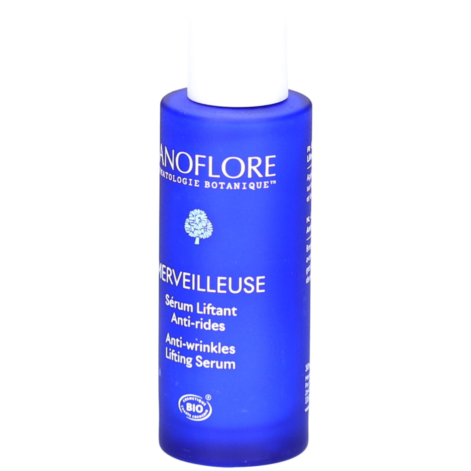Flacon de sérum bleu avec bouchon blanc. Inscriptions: SANOFLORE, MERVEILLEUSE, Sérum Liftant Anti-rides, Anti-wrinkles Lifting Serum.