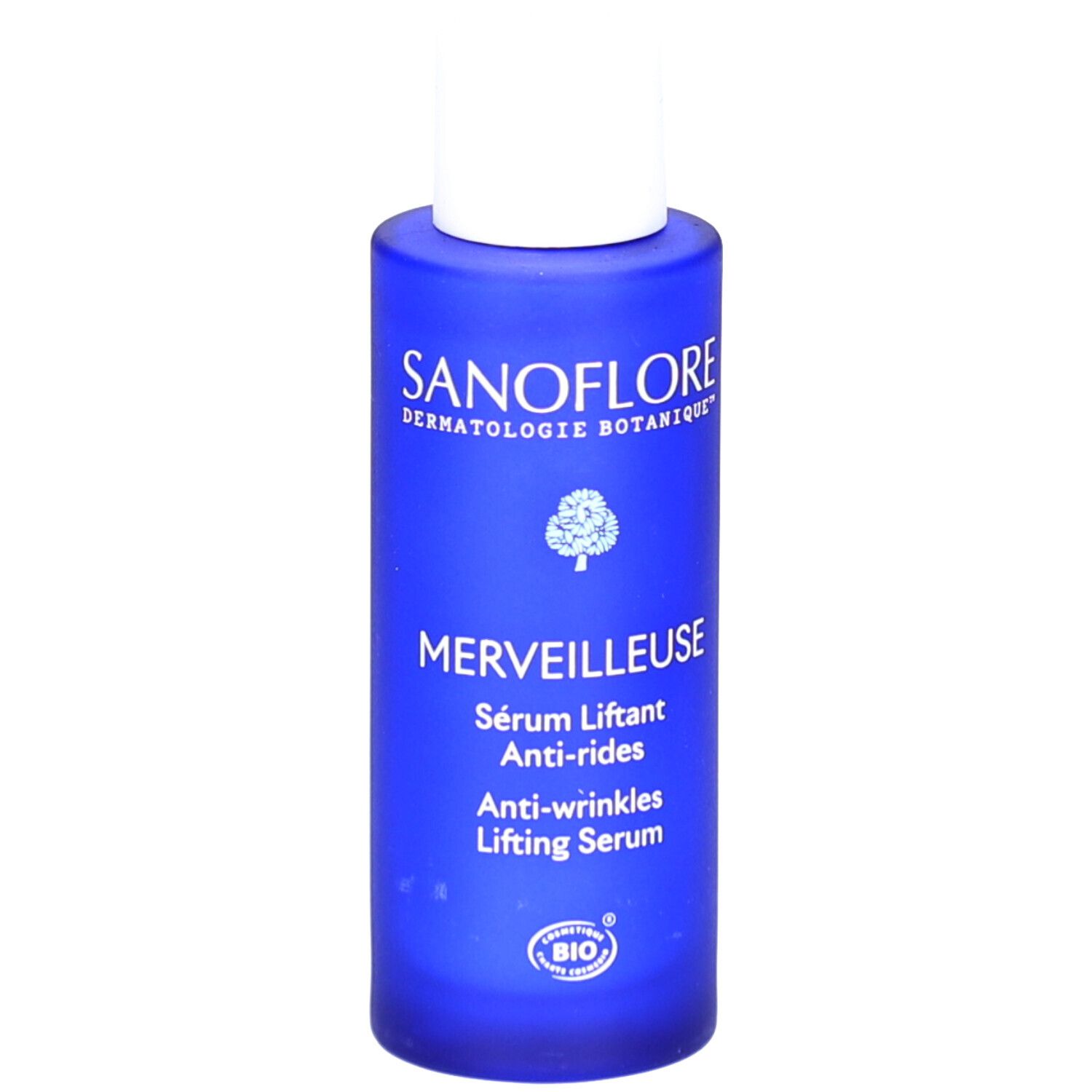Flacon de sérum bleu avec bouchon blanc. Inscriptions: SANOFLORE, MERVEILLEUSE, Sérum Liftant Anti-rides, Anti-wrinkles Lifting Serum.