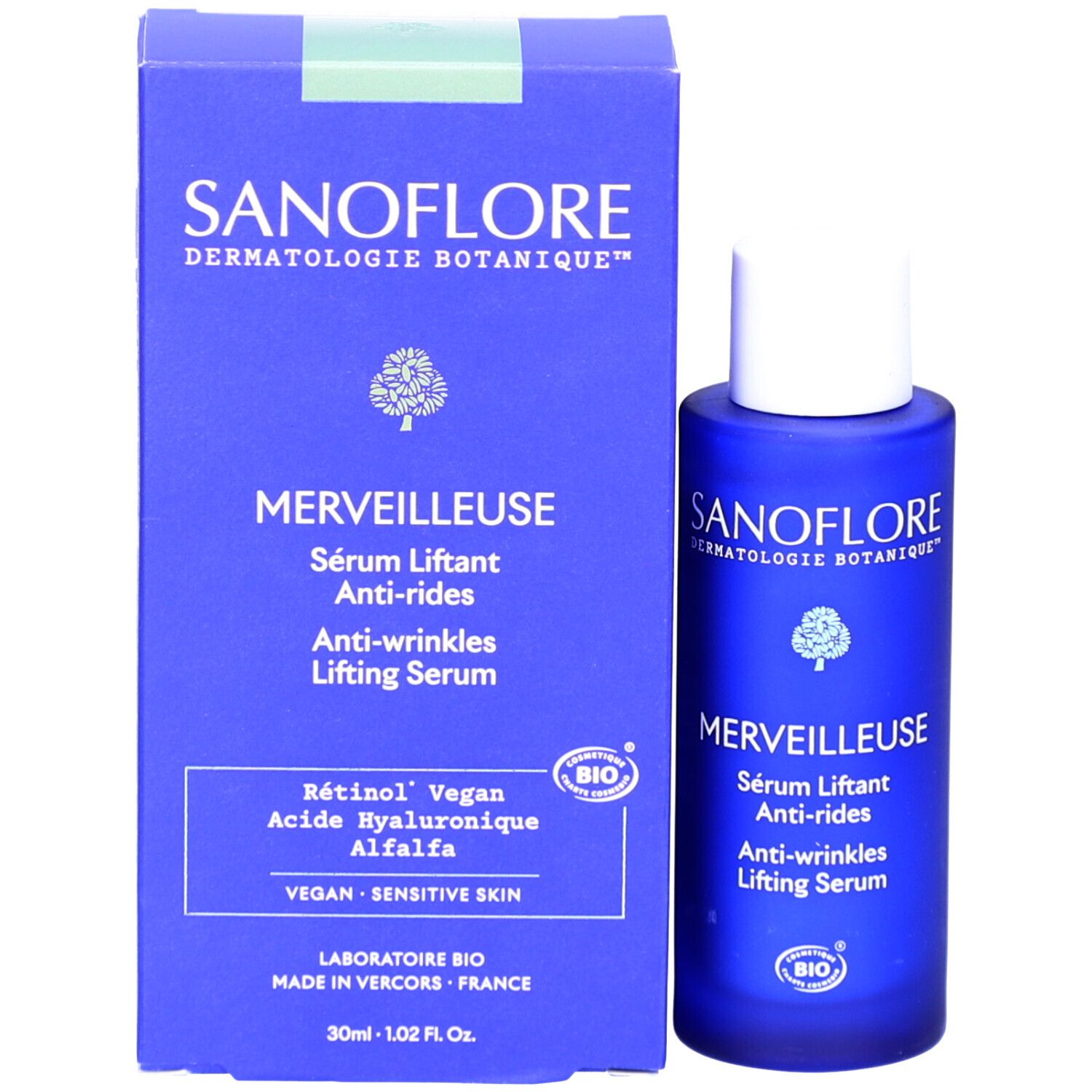 Flacon de sérum bleu et boîte. Inscriptions: SANOFLORE, MERVEILLEUSE, Sérum Liftant Anti-rides, Anti-wrinkles Lifting Serum. Vegan.