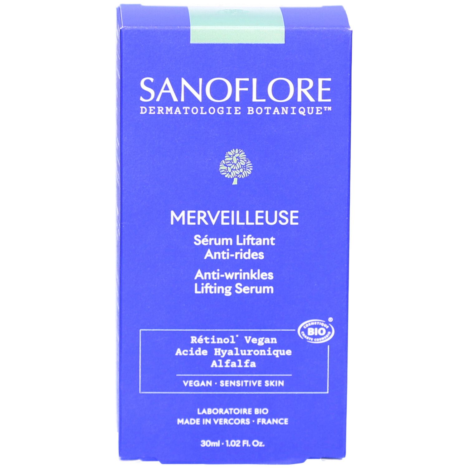 Boîte bleue. Inscriptions: SANOFLORE, MERVEILLEUSE, Sérum Liftant Anti-rides, Anti-wrinkles Lifting Serum. Vegan.