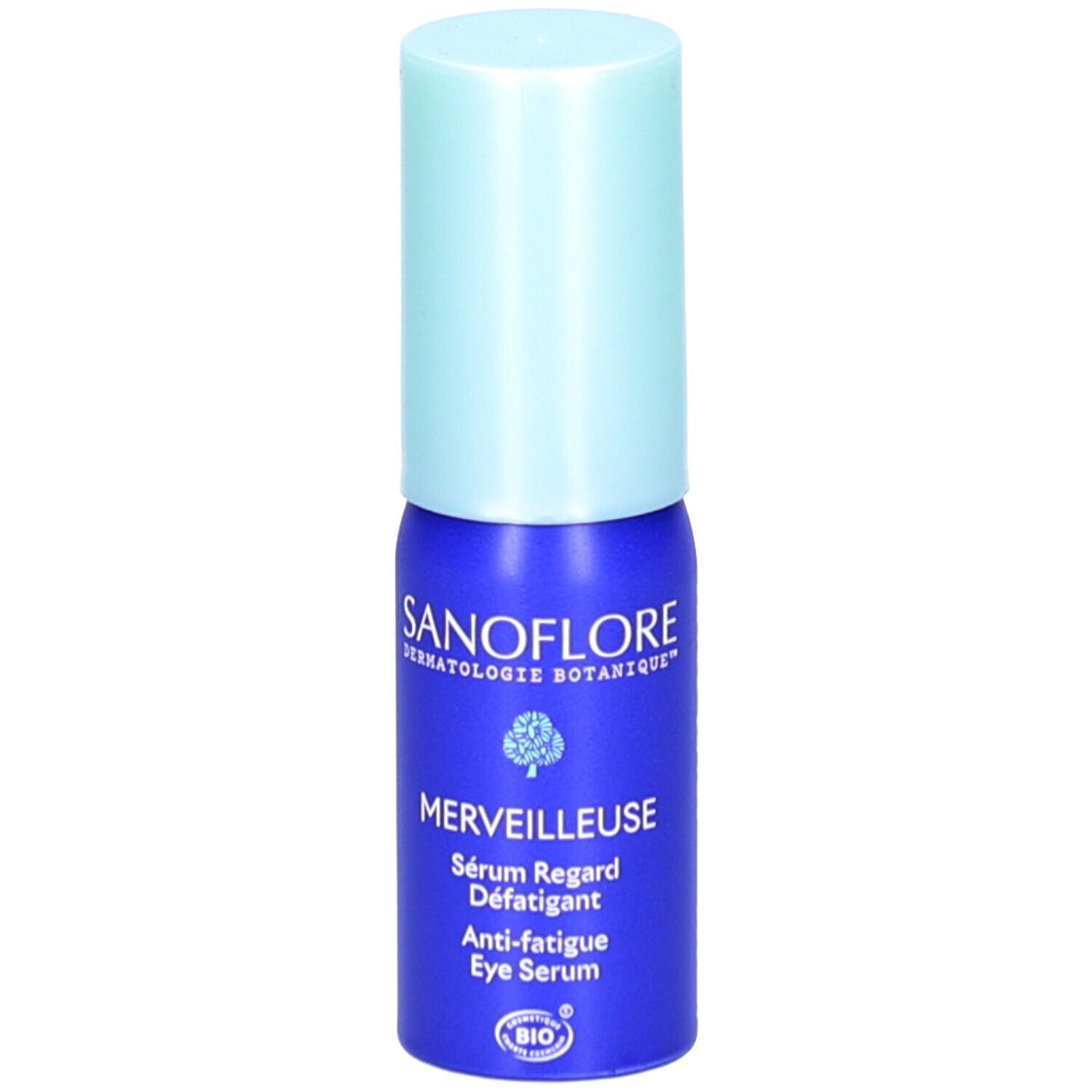 Flacon bleu et argenté avec bouchon bleu clair. Inscription: SANOFLORE, MERVEILLEUSE, Sérum Regard Défatigant, Anti-fatigue Eye Serum. Certification Bio.