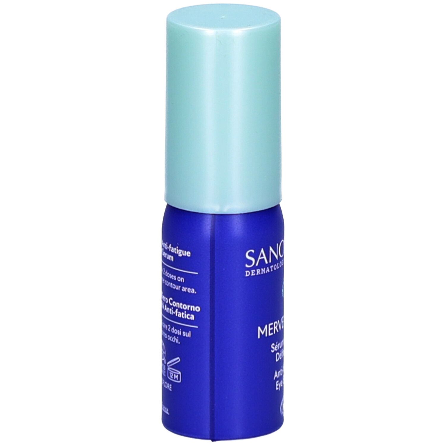 Flacon bleu avec bouchon bleu clair. Inscription: SANOFLORE, MERVEILLEUSE, Sérum Regard Défatigant, Anti-fatigue Eye Serum. Texte en anglais et italien.