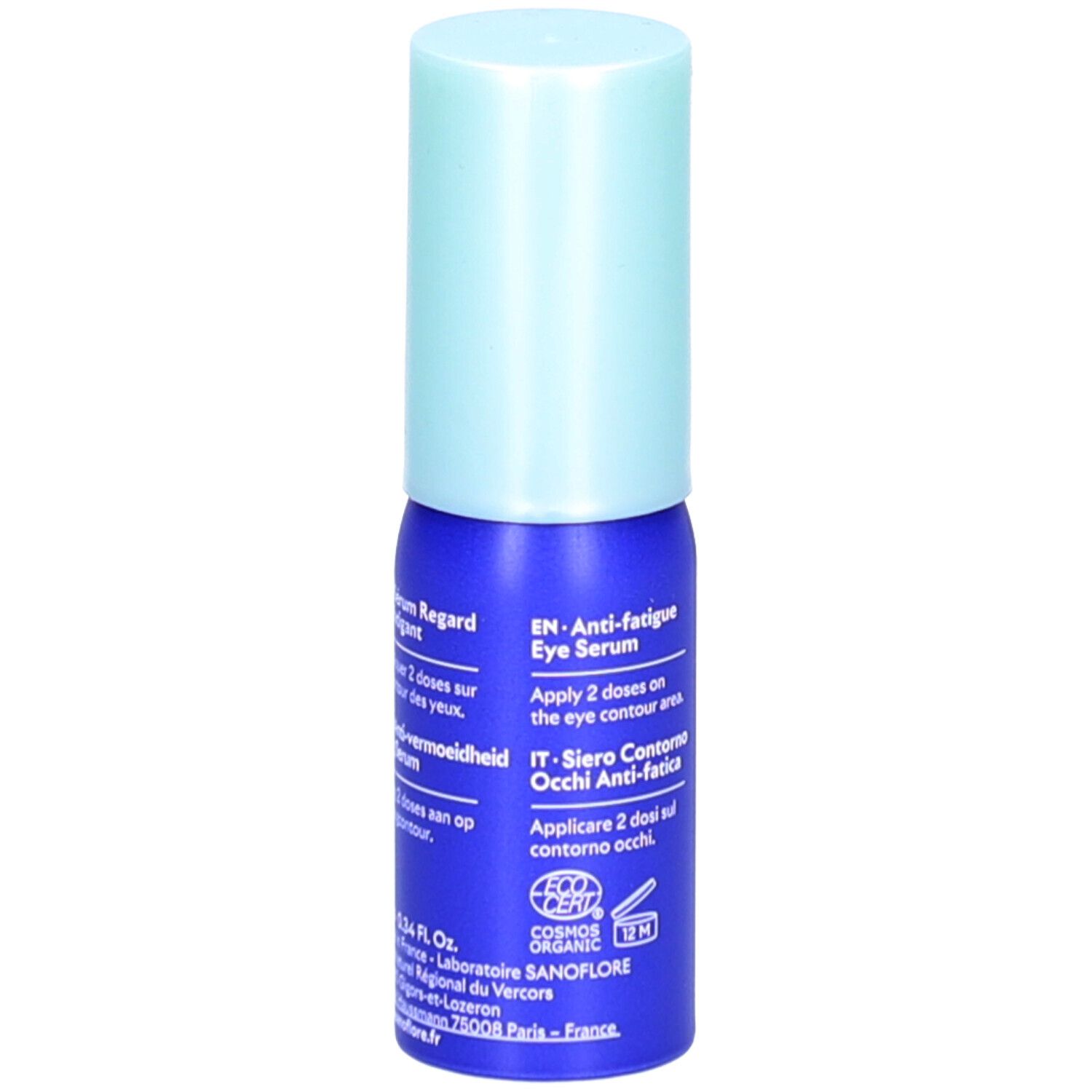 Flacon bleu avec bouchon bleu clair. Inscription: SANOFLORE, MERVEILLEUSE, Sérum Regard Défatigant, Anti-fatigue Eye Serum. Texte en anglais et italien.