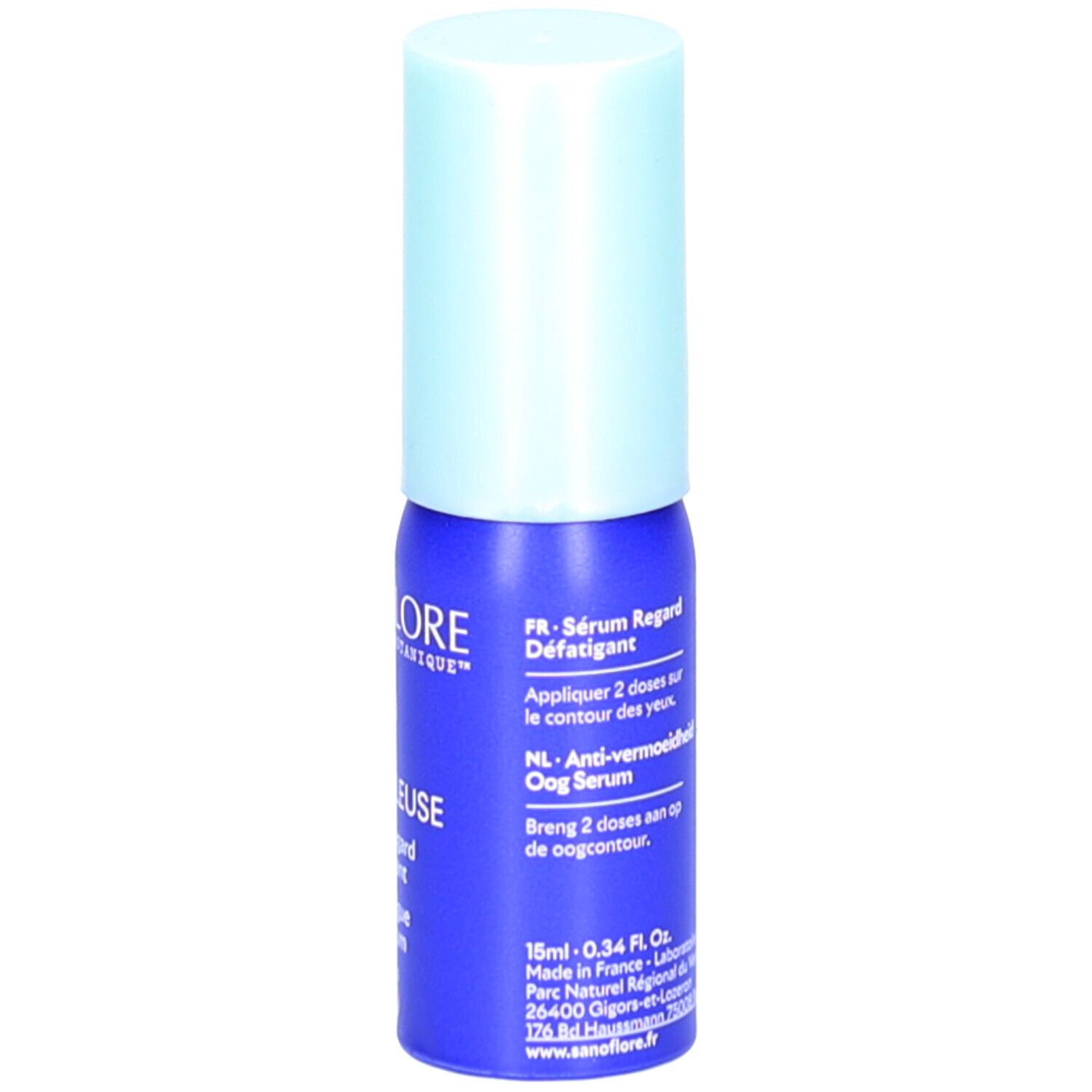 Flacon bleu avec bouchon bleu clair. Inscription: SANOFLORE, MERVEILLEUSE, Sérum Regard Défatigant, Anti-fatigue Eye Serum. Texte en français et néerlandais.