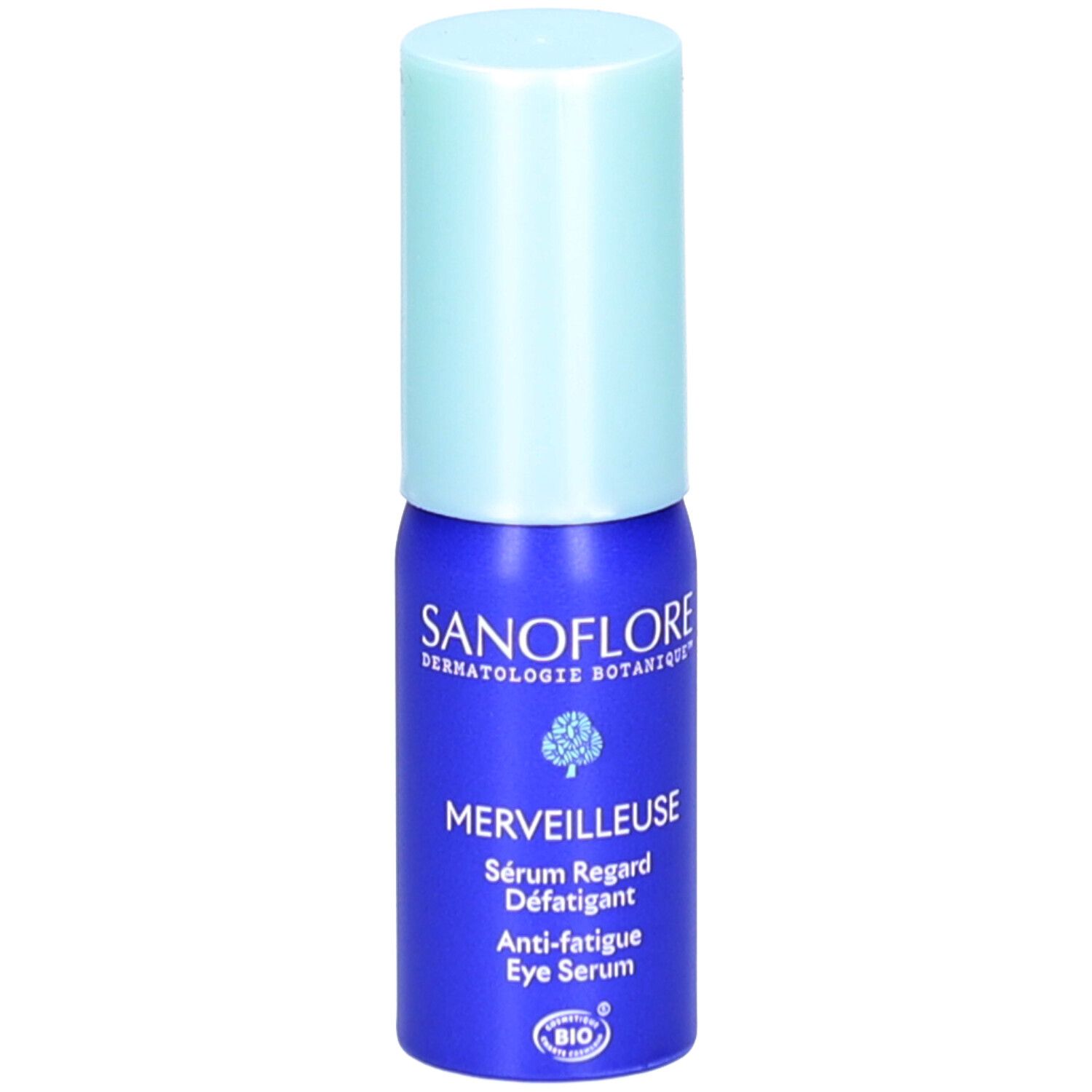 Flacon bleu avec bouchon bleu clair. Inscription: SANOFLORE, MERVEILLEUSE, Sérum Regard Défatigant, Anti-fatigue Eye Serum. Certification Bio.