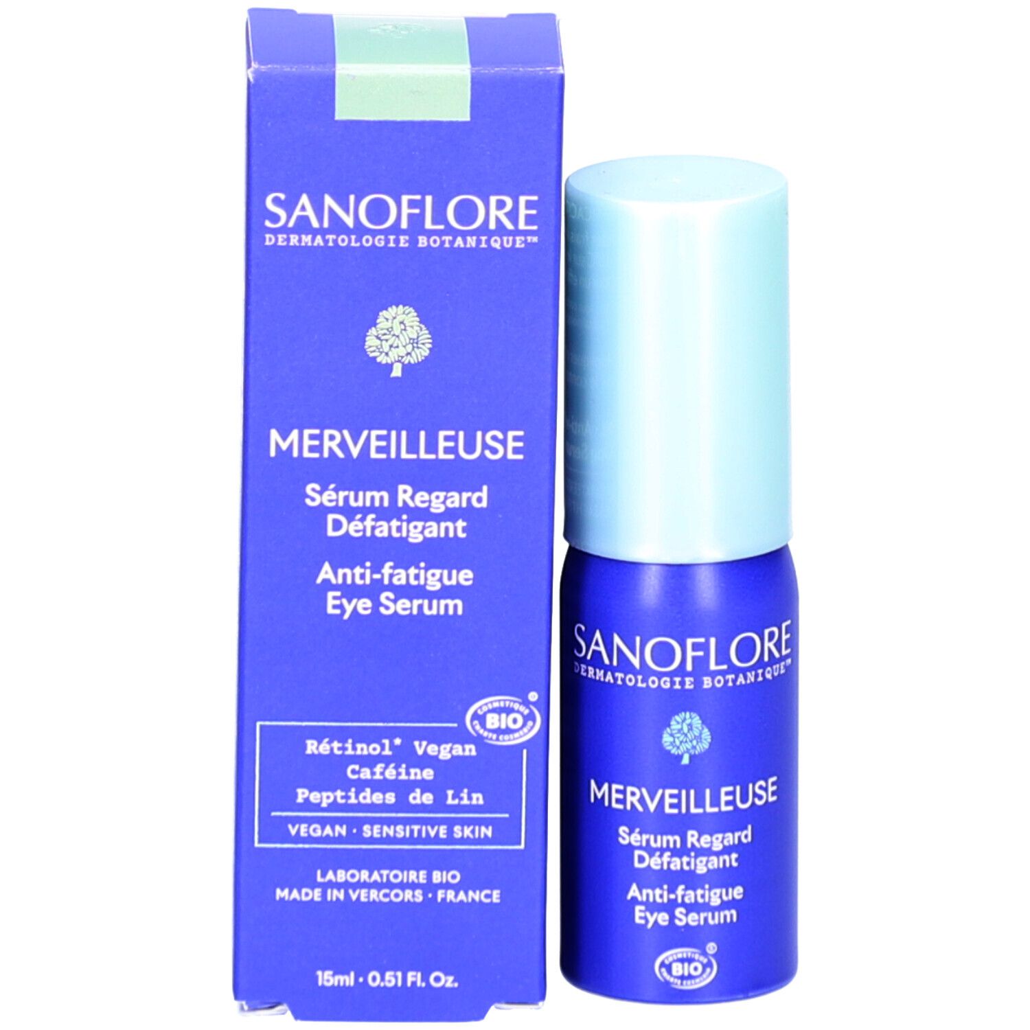 Emballage du produit avec flacon et boîte. Inscription: SANOFLORE, MERVEILLEUSE, Sérum Regard Défatigant, Anti-fatigue Eye Serum. Certification Bio.