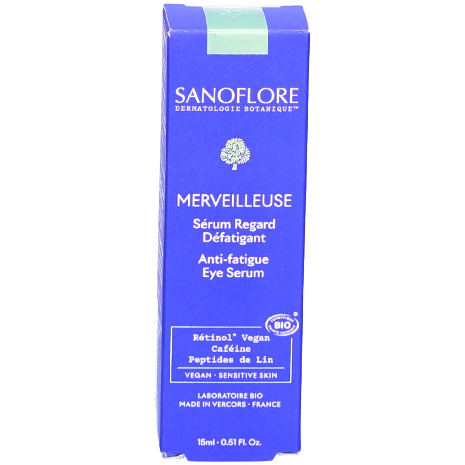 Emballage du produit. Inscription: SANOFLORE, MERVEILLEUSE, Sérum Regard Défatigant, Anti-fatigue Eye Serum. Certification Bio. Ingrédients: Rétinol, Vegan, Caféine.