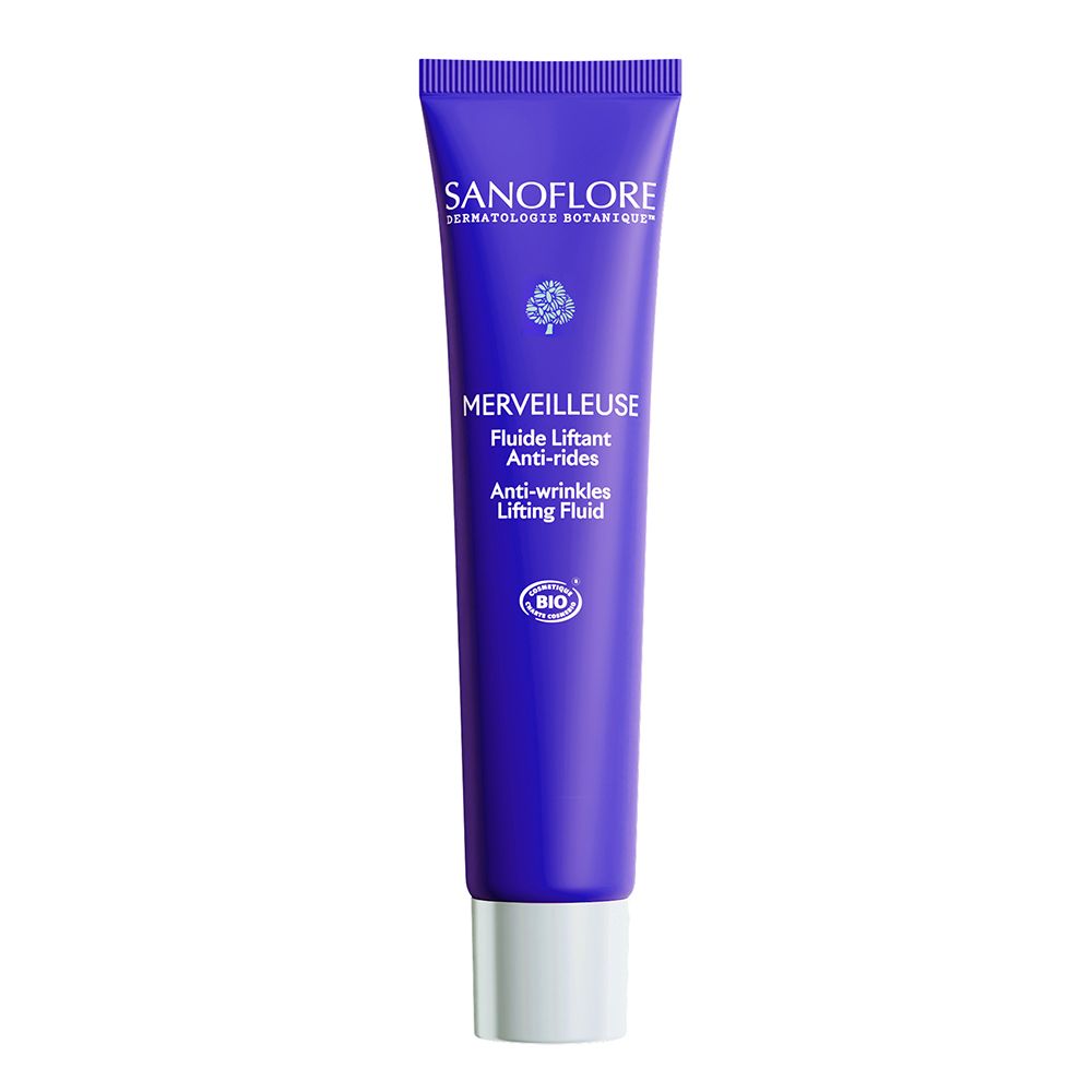 Tube bleu-violet, bouchon blanc. Inscriptions: SANOFLORE, MERVEILLEUSE, Fluide Liftant Anti-rides, Anti-wrinkles Lifting Fluid. Label Bio.