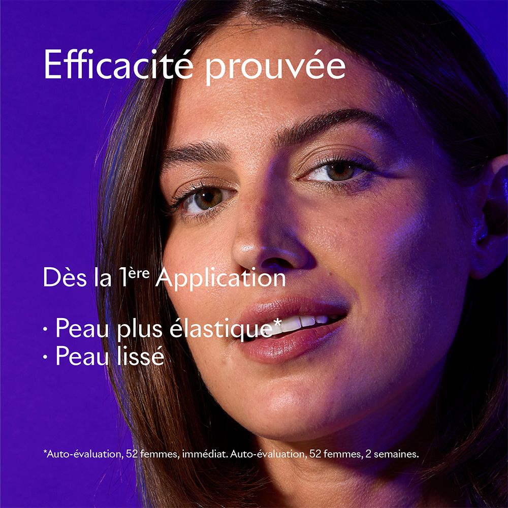 Femme avec peau. Texte: Efficacité prouvée, Dès la 1ère Application, Peau plus élastique, Peau lissé.