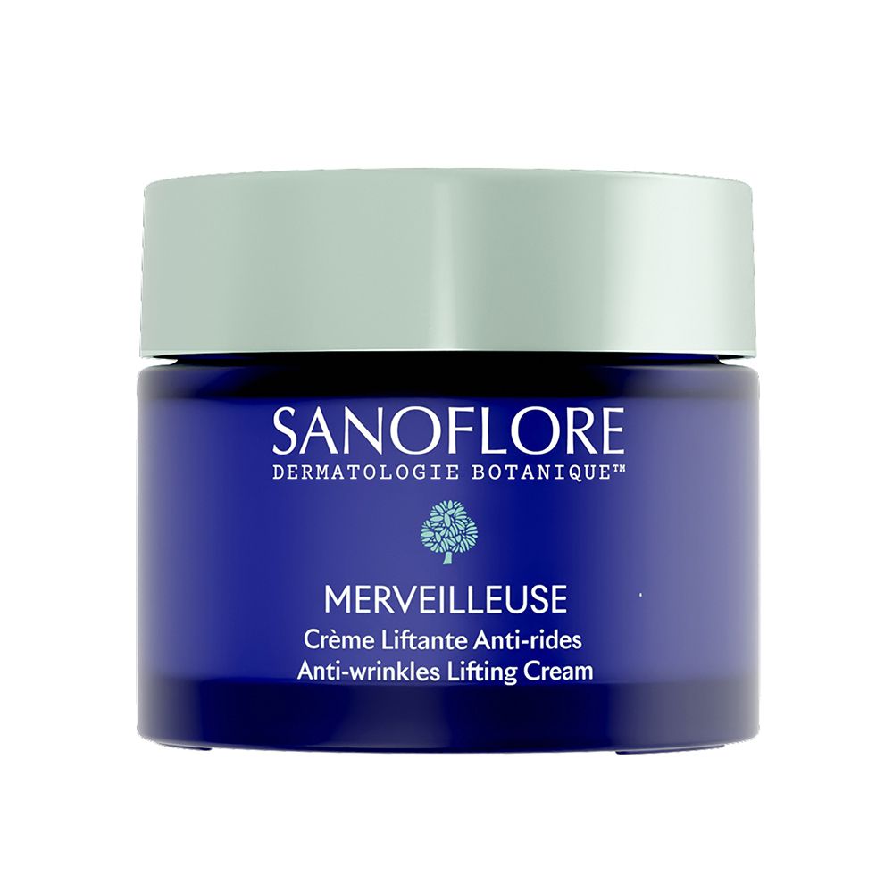 Pot de crème bleu avec couvercle vert clair. Inscription: SANOFLORE, MERVEILLEUSE, Crème Liftante Anti-rides.
