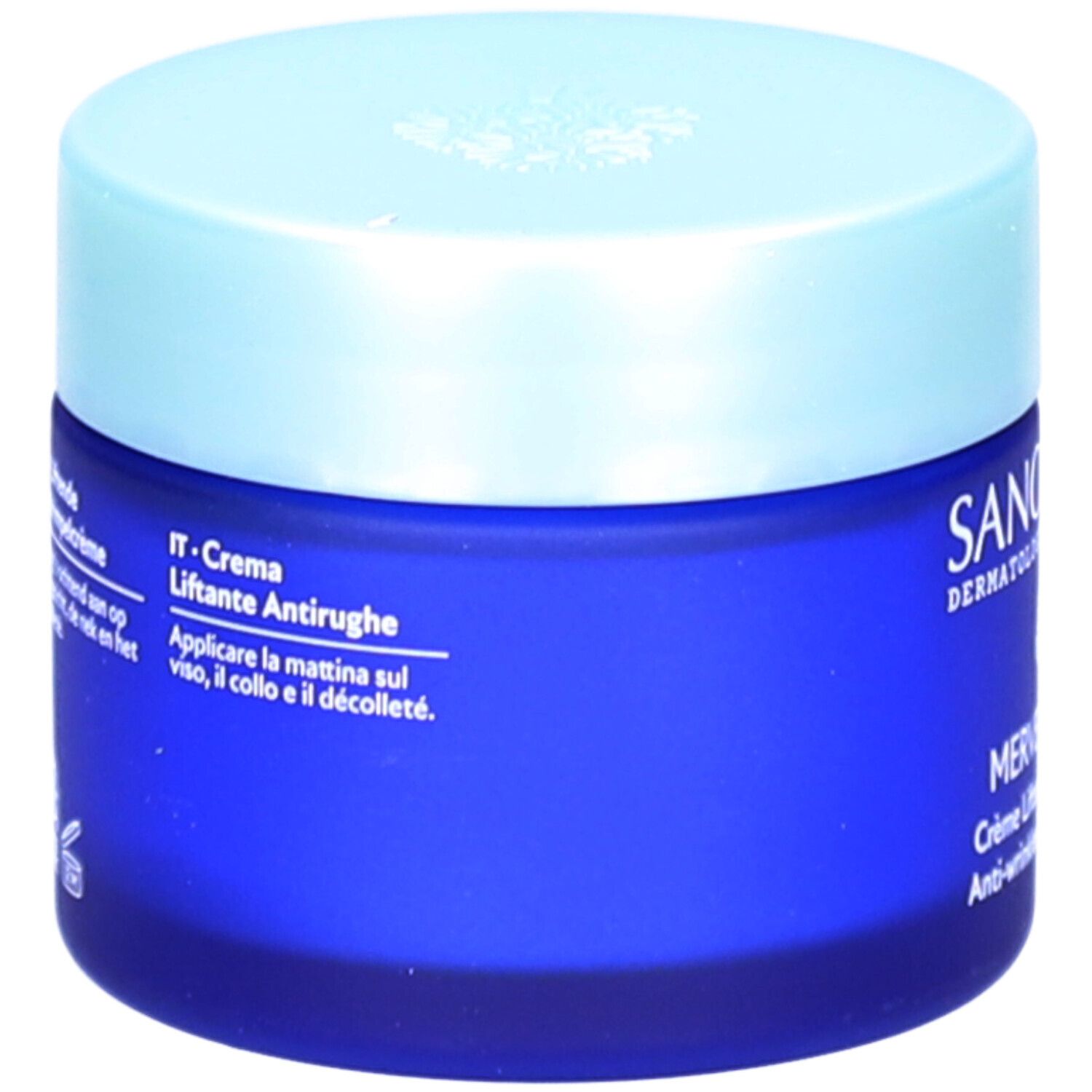 Pot de crème bleu avec couvercle clair. Texte multilingue au dos. Contient le label COSMOS ORGANIC.