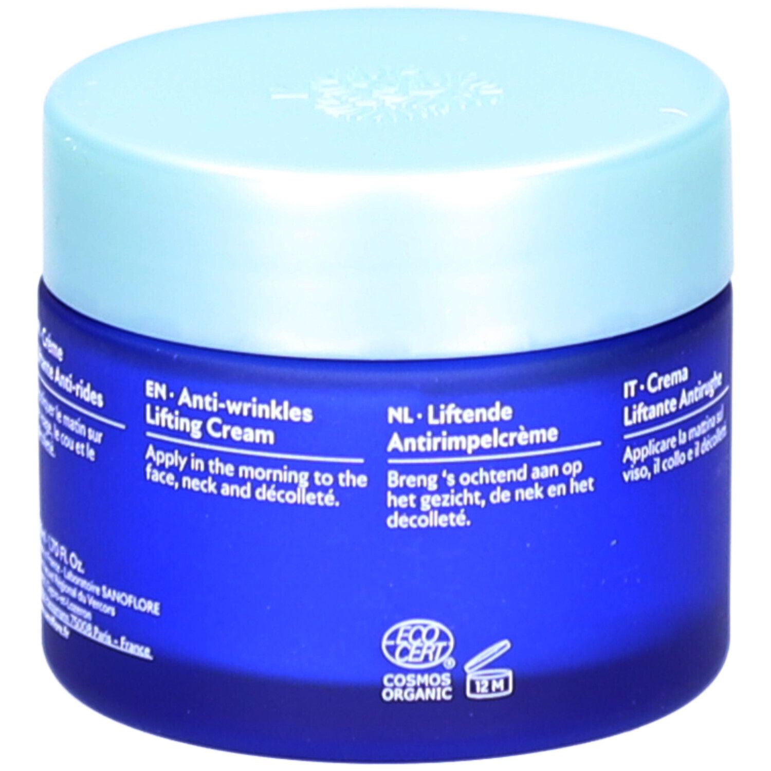 Pot de crème bleu avec couvercle clair. Texte multilingue au dos. Contient le label COSMOS ORGANIC.