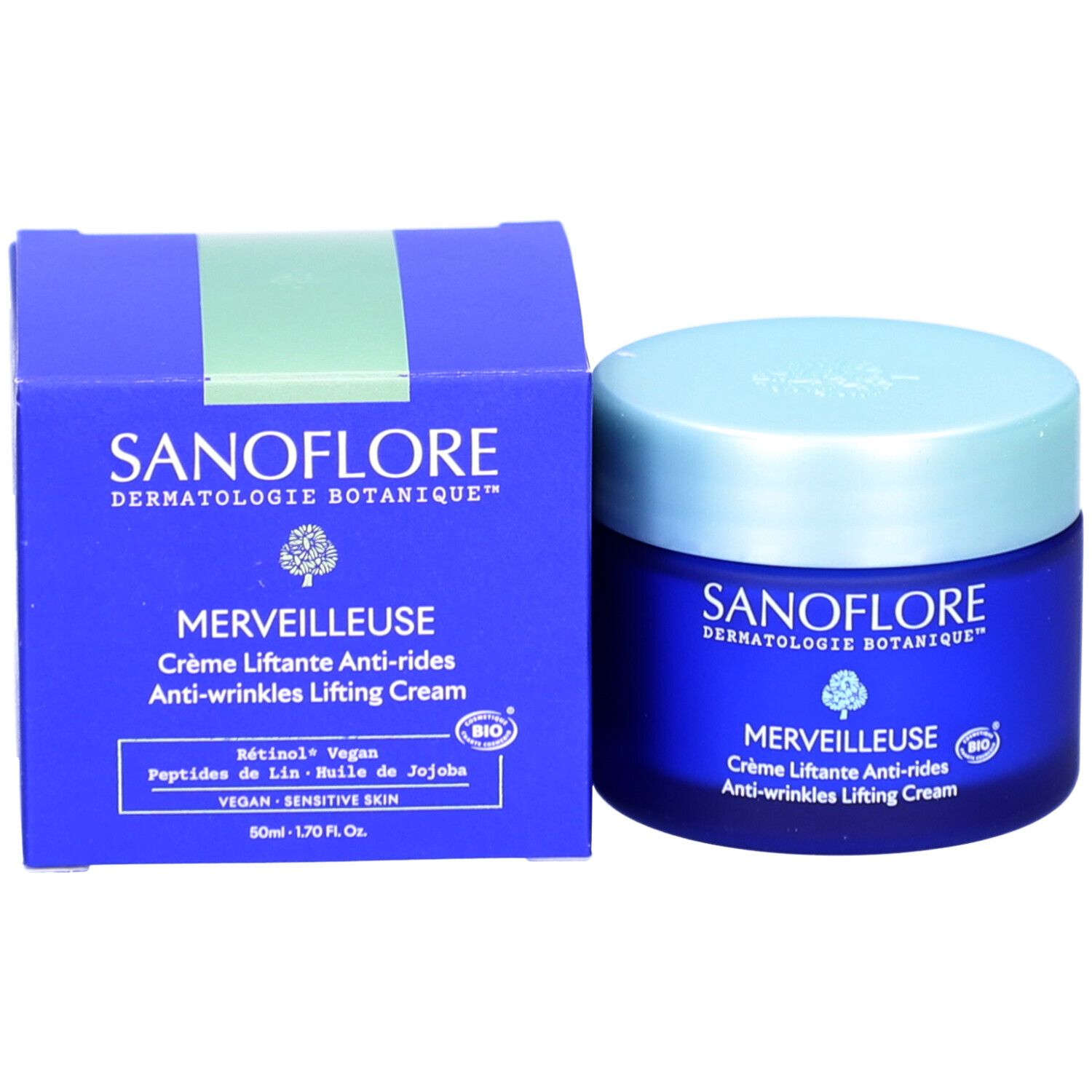 Emballage produit avec pot et boîte. Pot: bleu, couvercle clair. Boîte: bleu, vert. Inscription: SANFLORE, MERVEILLEUSE.