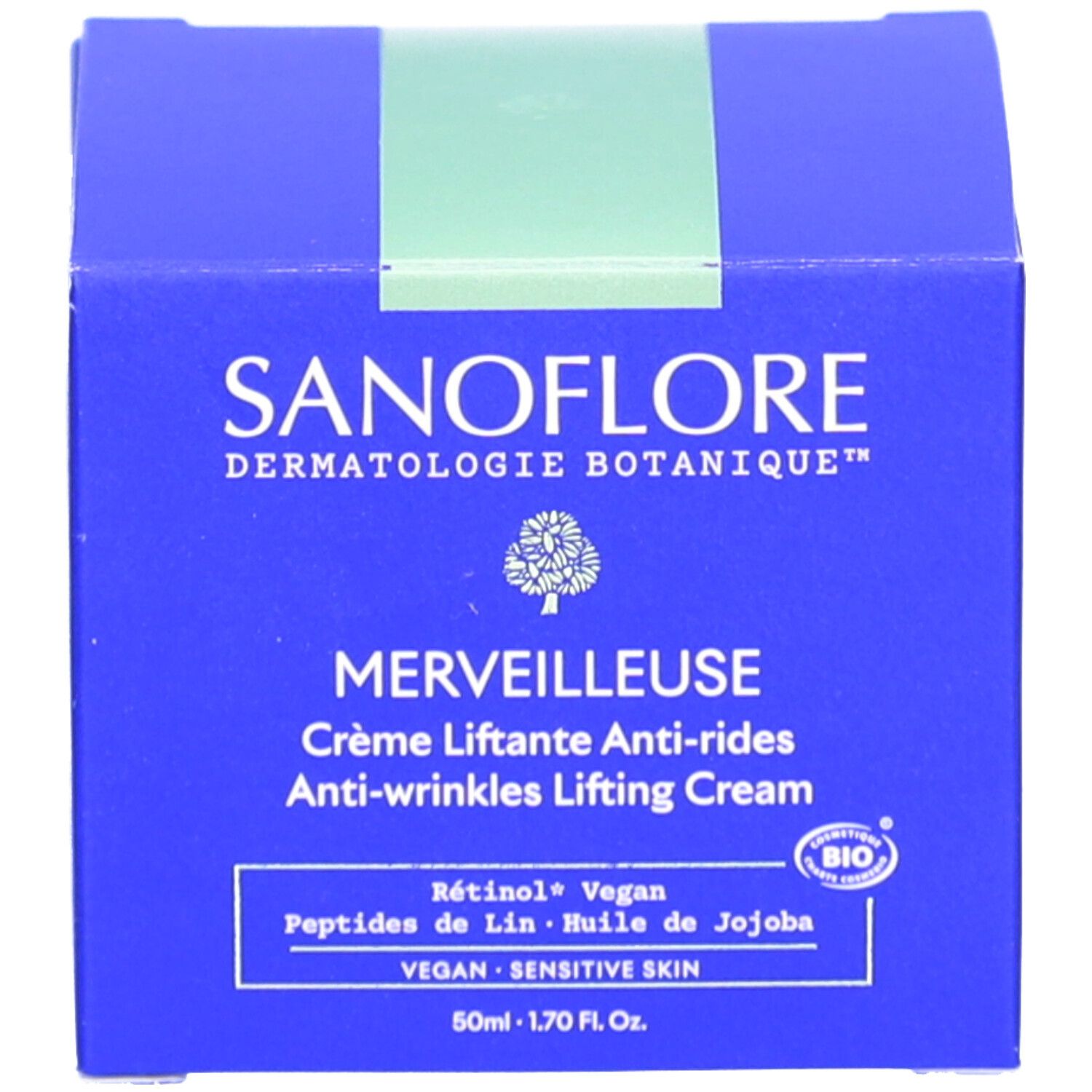 Boîte bleue avec dessus vert. Inscription: SANFLORE, MERVEILLEUSE, Crème Liftante Anti-rides. Label Bio.