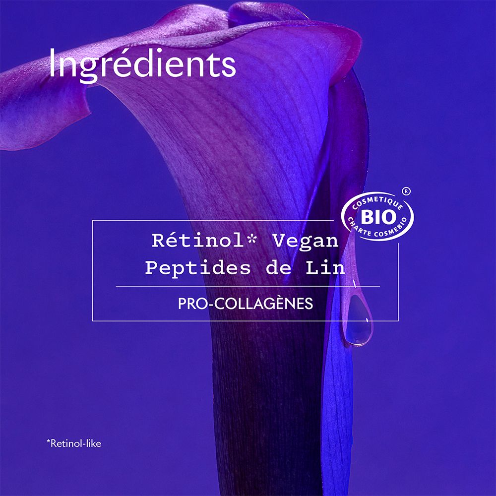 Gros plan sur une fleur violette. Texte: Ingrédients, Rétinol Vegan, Peptides de Lin, Pro-Collagenes.