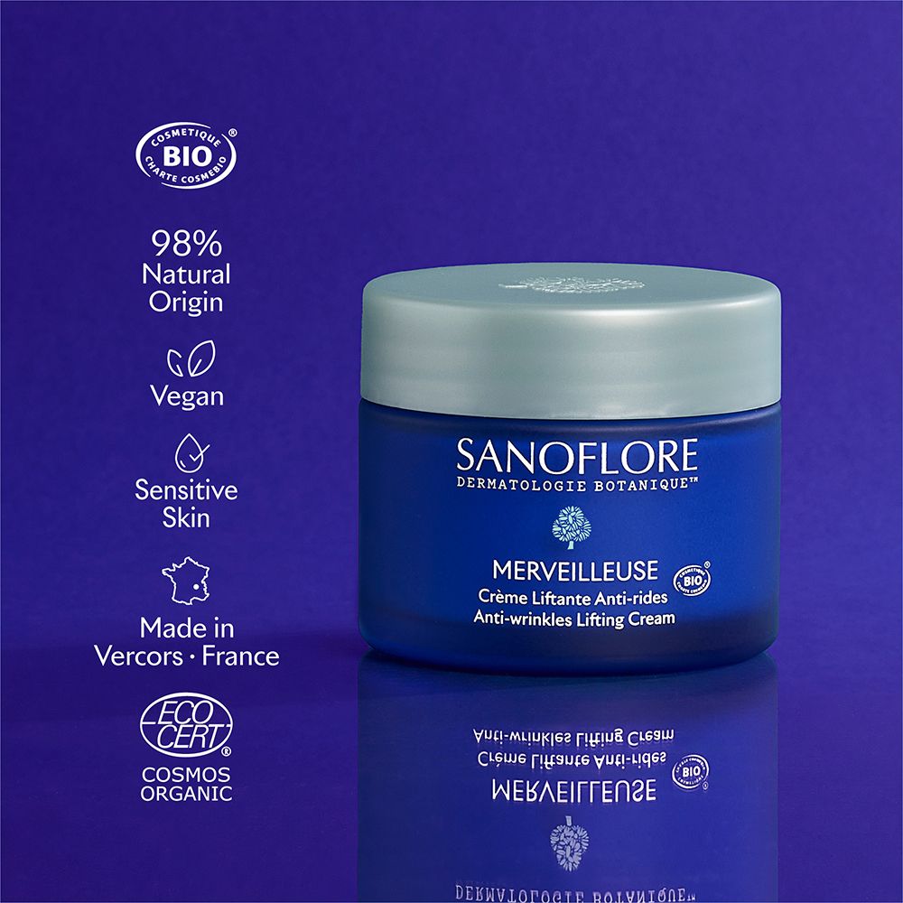 Pot de crème bleu avec couvercle vert clair. Texte: SANOFLORE, MERVEILLEUSE, 98% d'origine naturelle, Vegan, Sensitive Skin.