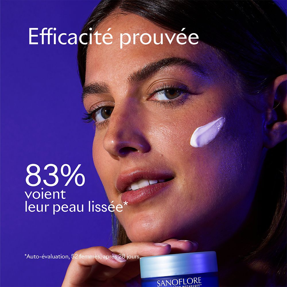 Femme avec crème sur la joue. Texte: 83% voient leur peau lissée. Produit: SANOFLORE Merveilleuse Crème Nuit Anti-rides.