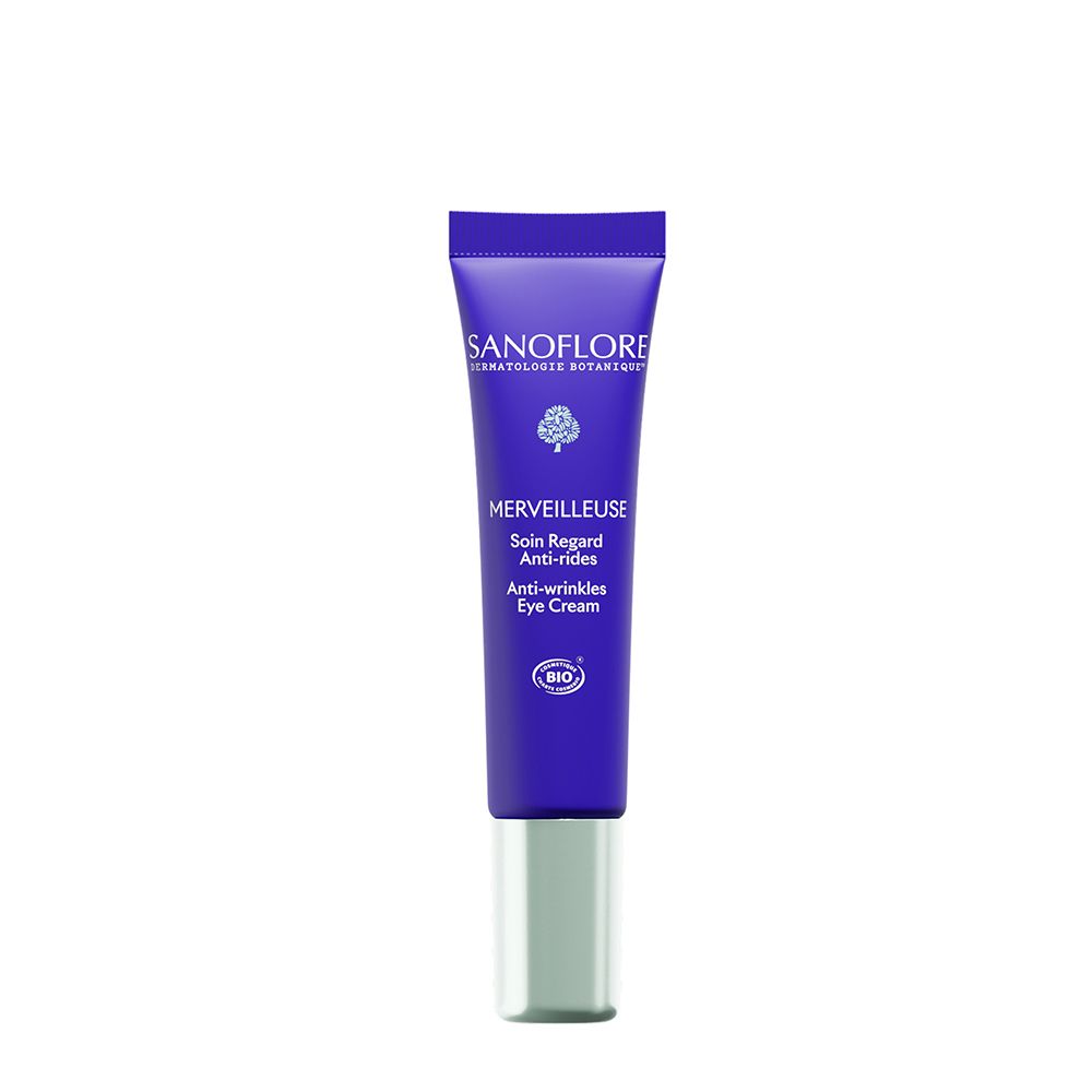 Tube bleu-violet avec bouchon argenté. Inscription: SANOFLORE, Merveilleuse, Soin Regard Anti-rides, Eye Cream.