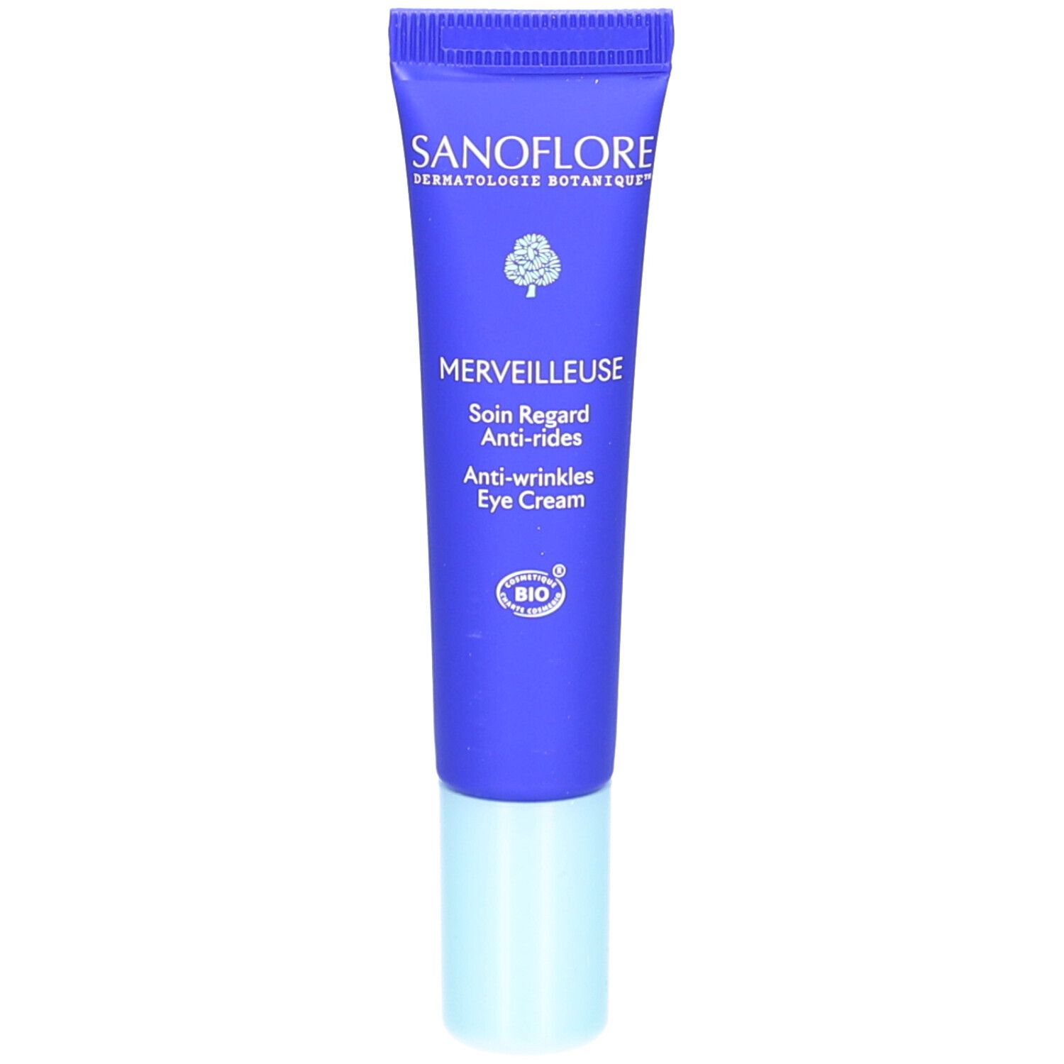 Tube bleu avec bouchon blanc. Inscriptions: SANOFLORE, MERVEILLEUSE, Soin Regard Anti-rides, Anti-wrinkles Eye Cream, label BIO.