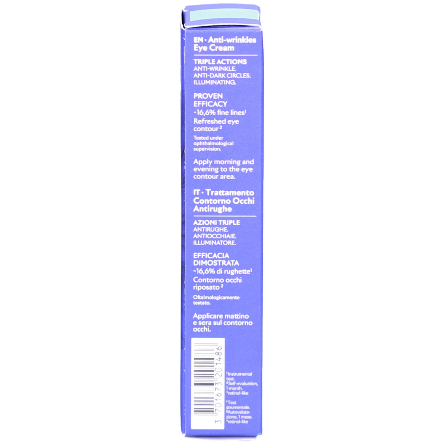 Dos de la boîte bleue. Texte en anglais et italien. Informations sur les ingrédients et l'utilisation.