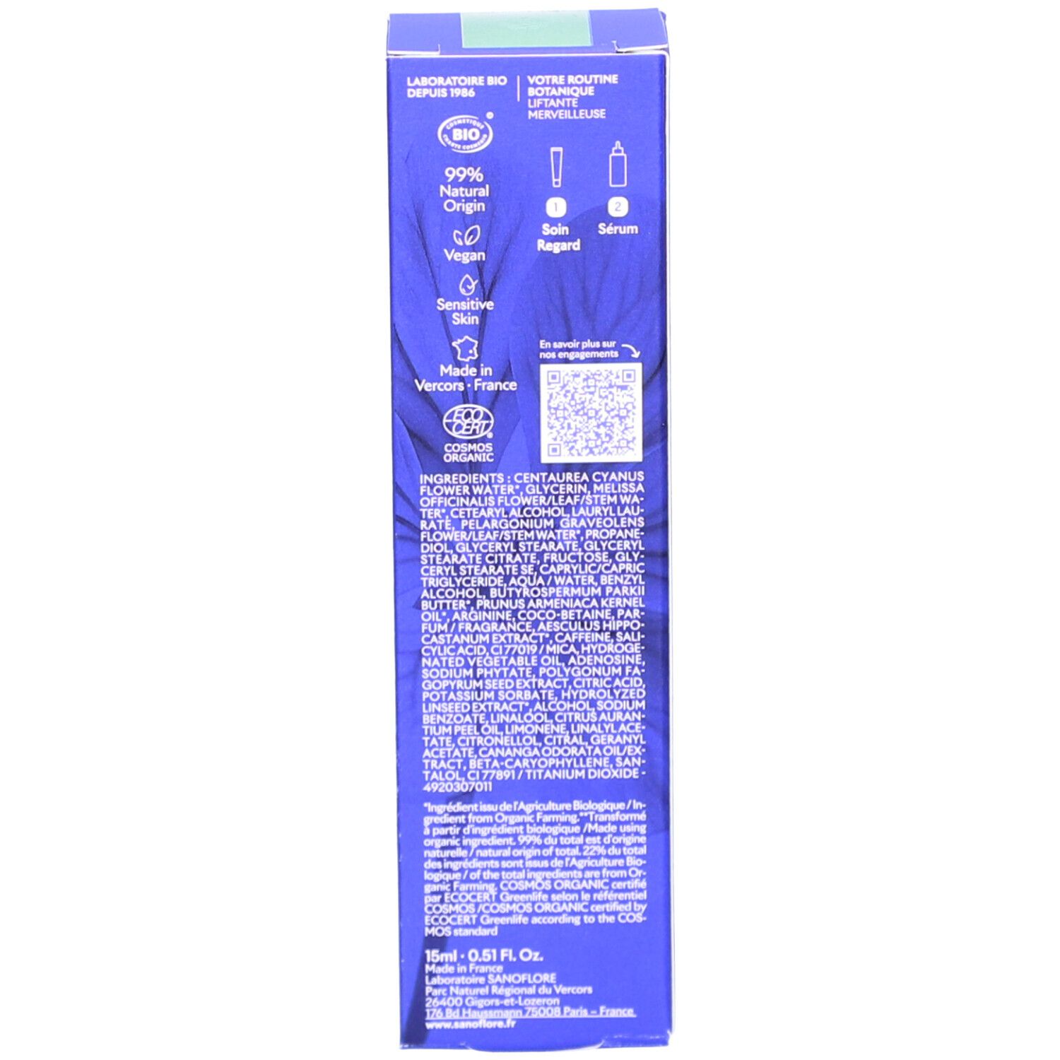 Dos de la boîte bleue. Texte en français. Informations sur les ingrédients, l'origine et la certification BIO.