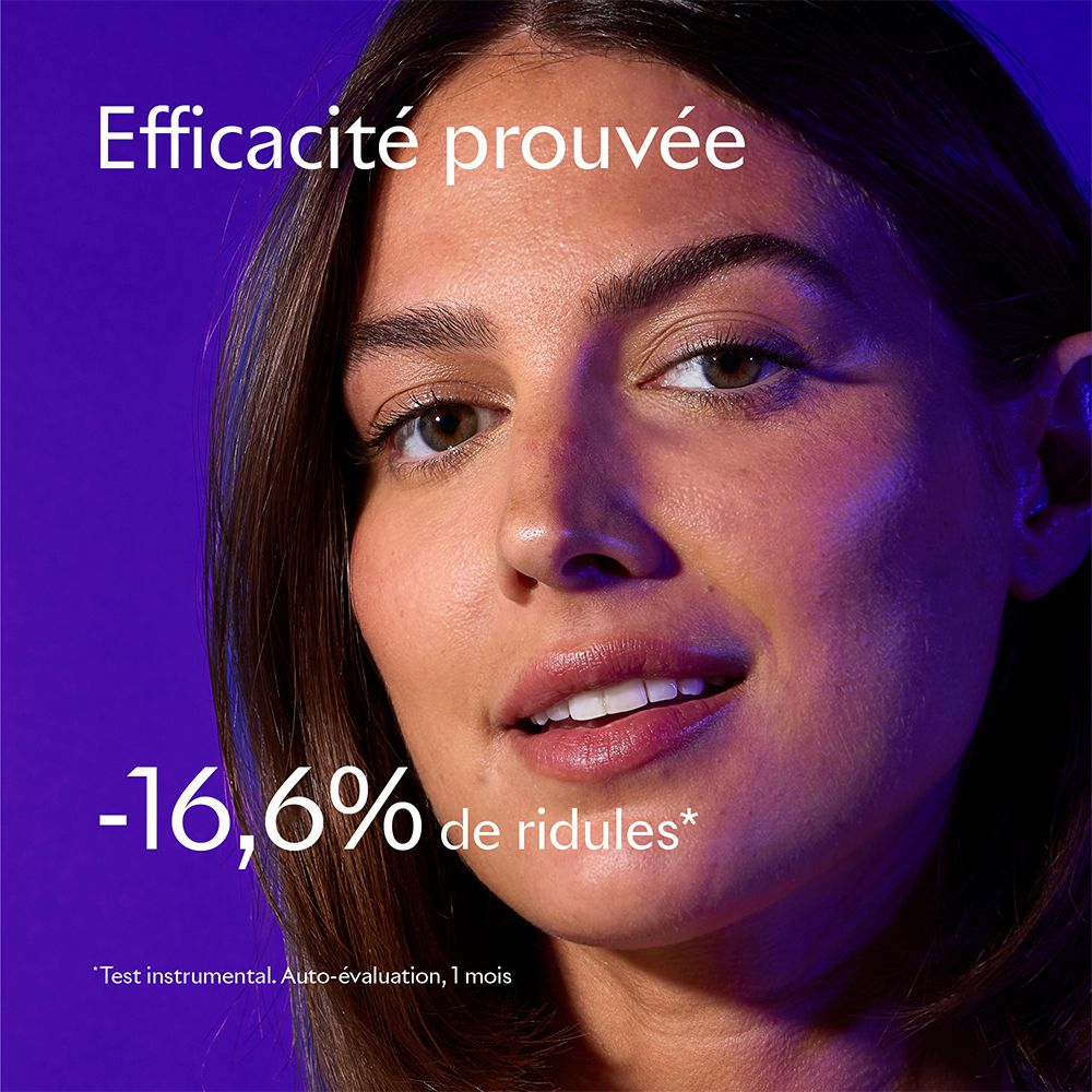 Portrait d'une femme. Texte: Efficacité prouvée, -16,6% de ridules*. Test instrumental.