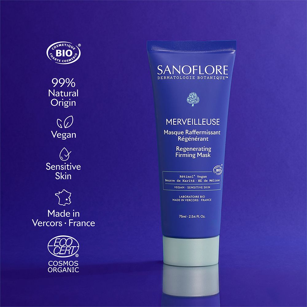 Tube violet avec inscriptions: SANOFLORE, Merveilleuse Masque Raffermissant Régénérant. Certification bio, 99% d'origine naturelle.