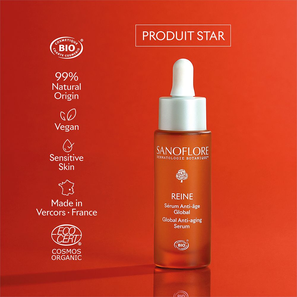 Flacon rouge de sérum Sanoflore. Produit Star. 99% d'origine naturelle, vegan, peau sensible.