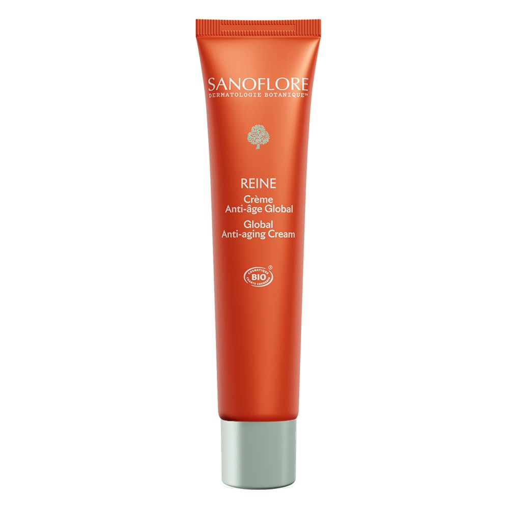 Tube orange SANOFLORE. Texte: REINE Crème Anti-âge Global, Global Anti-aging Cream. Certification Bio. Bouchon argenté.