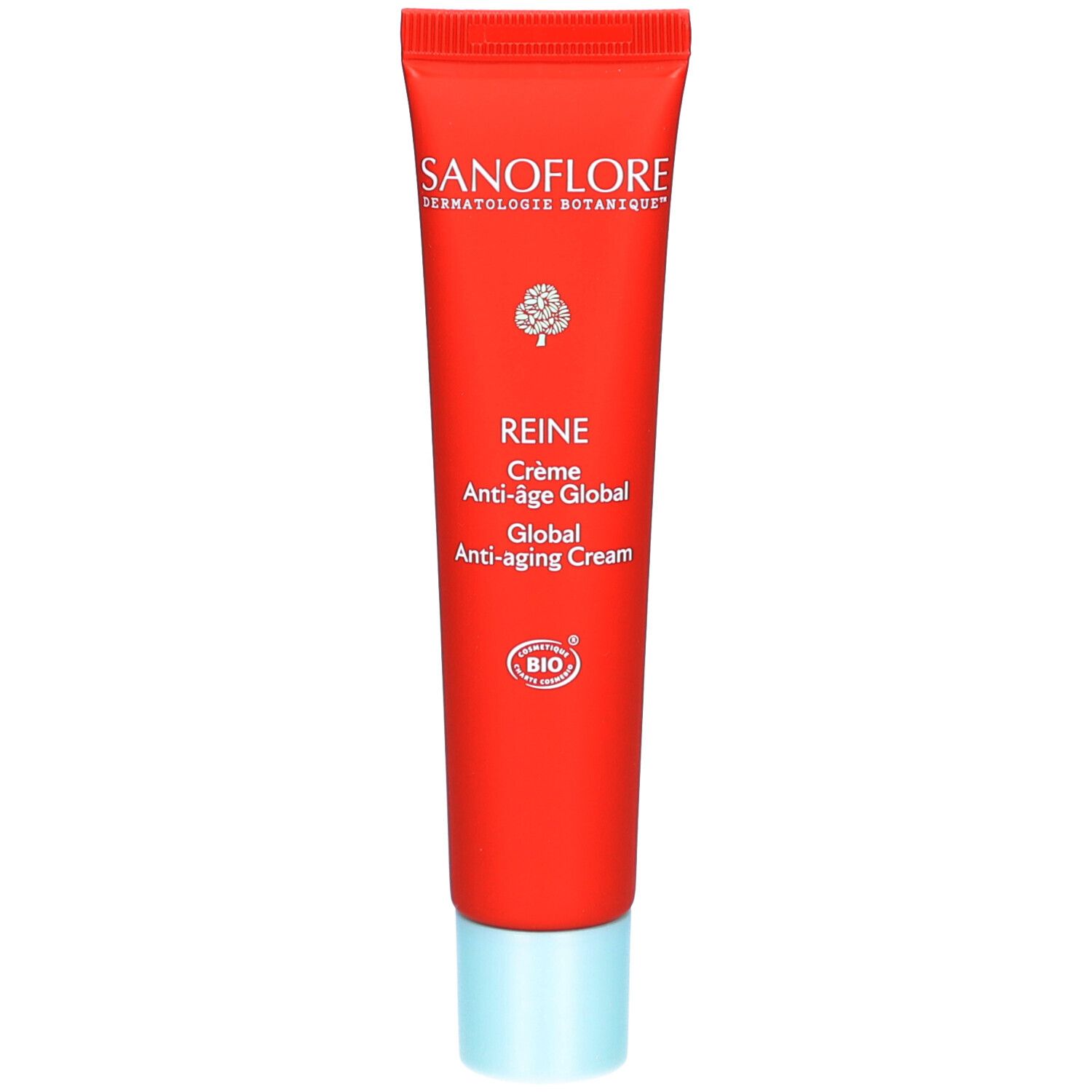 Tube rouge avec texte blanc. Nom du produit et logo. Crème Anti-âge Global. Certification Bio.