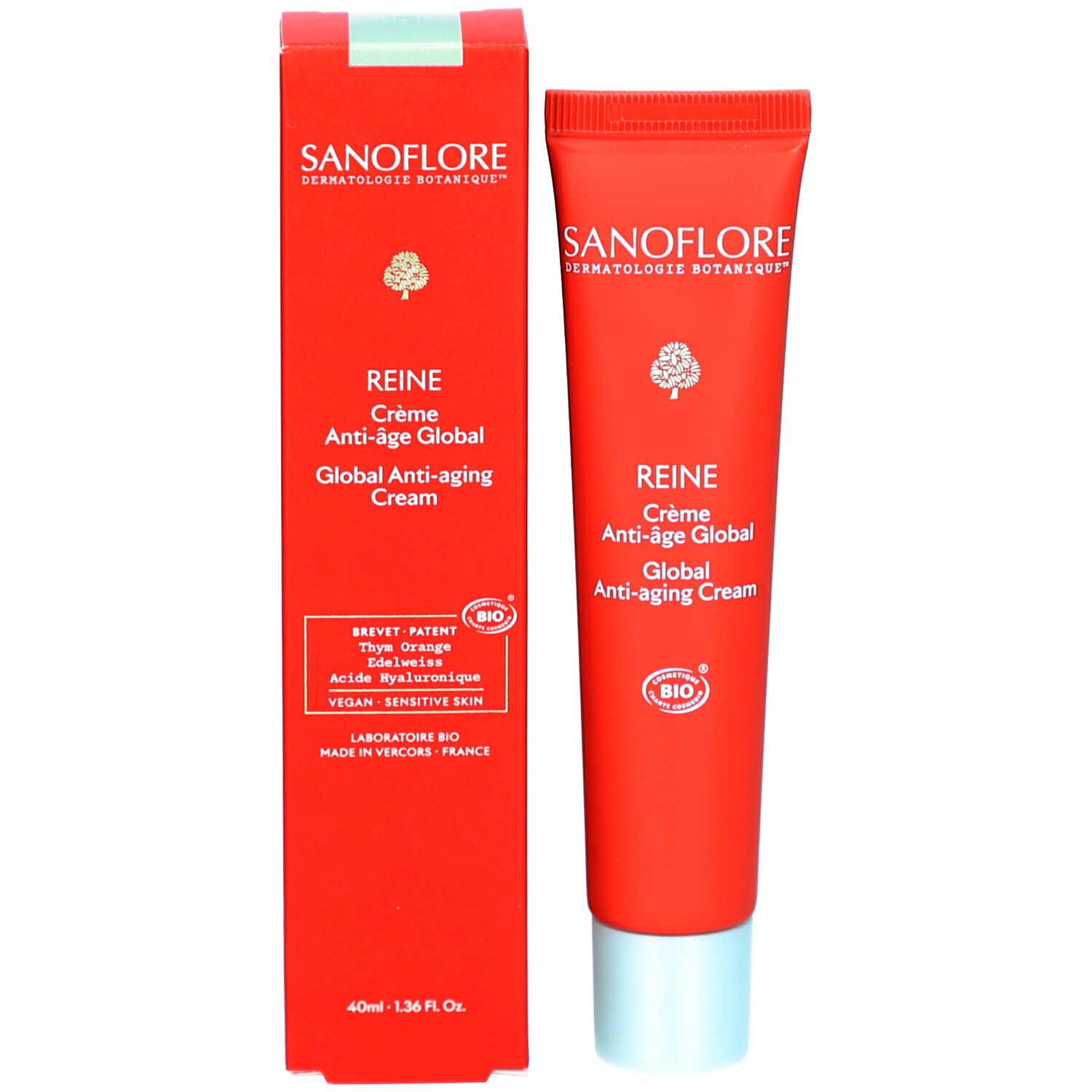 Boîte et tube rouges. Nom du produit et logo. Crème Anti-âge Global. Certification Bio. 40ml.