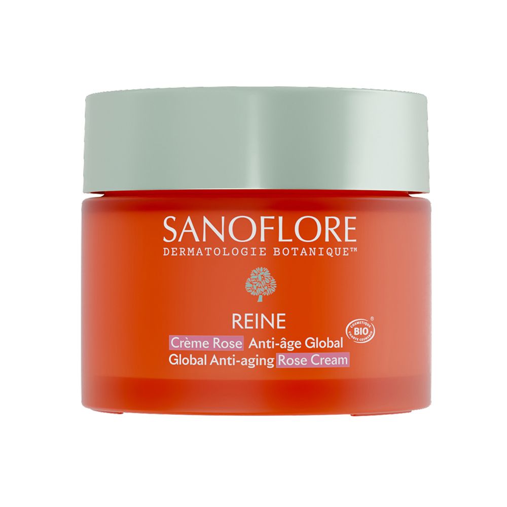 Pot rouge avec couvercle vert clair. Inscription: SANOFLORE, REINE Crème Rose Anti-âge Global. Label Bio.