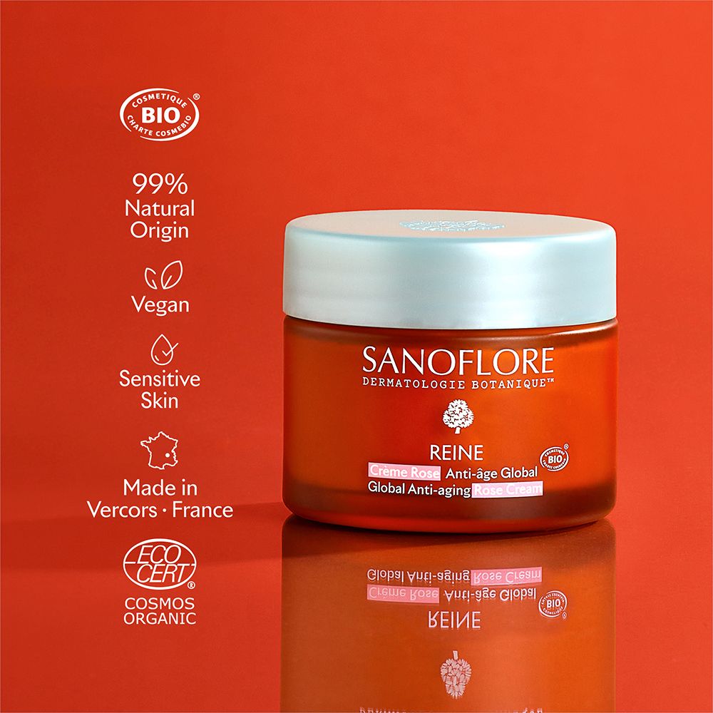 Pot rouge avec couvercle vert clair. Texte: 99% d'origine naturelle, Vegan, Sensitive Skin, Made in Vercors - France.