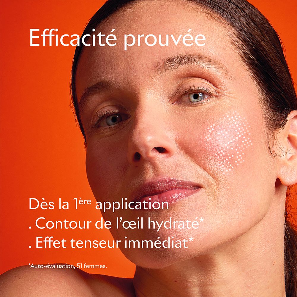 Gros plan sur un visage. Texte: Efficacité prouvée. Dès la 1ère application: contour des yeux hydraté, effet tenseur immédiat.
