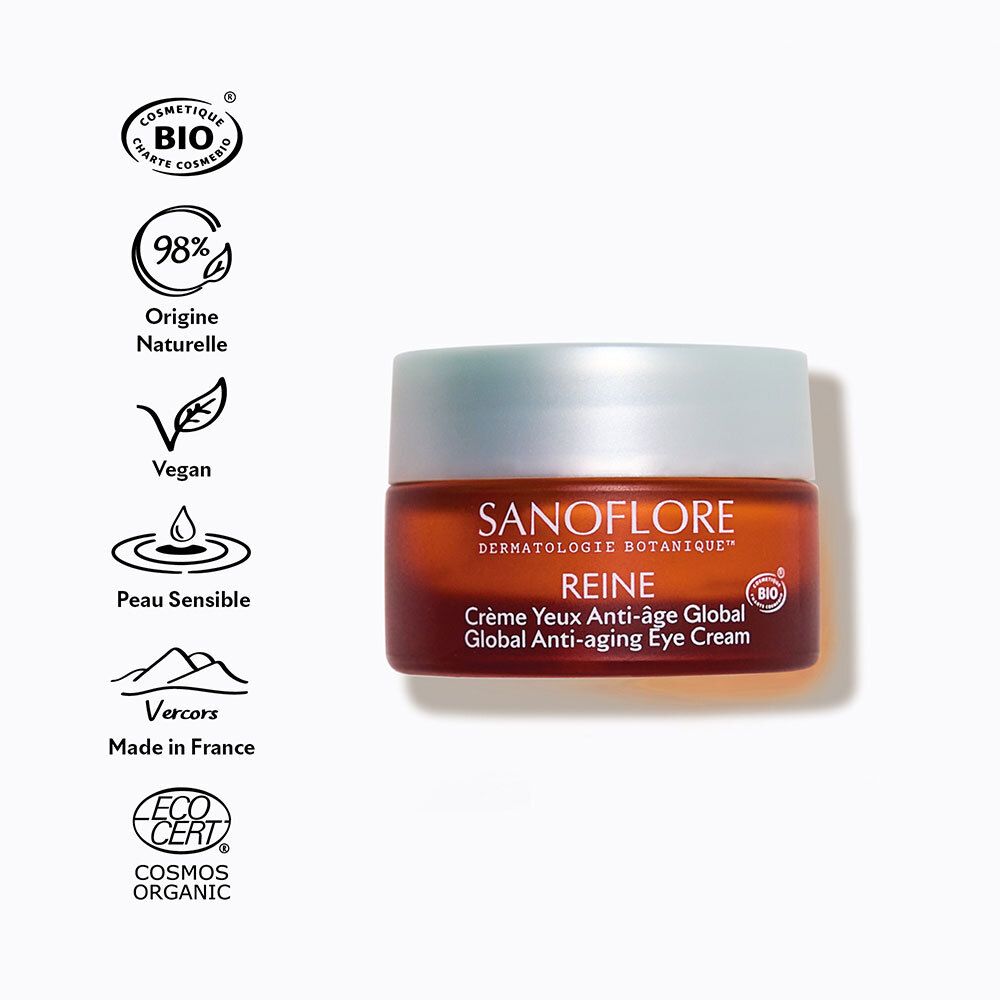 Sanoflore Reine Crème Yeux avec logos Bio, Vegan, et indications pour peau sensible.