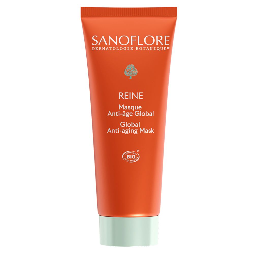 Tube orange avec texte blanc. Nom: REINE Masque Anti-âge Global. Marque: SANOFLORE. Label Bio.