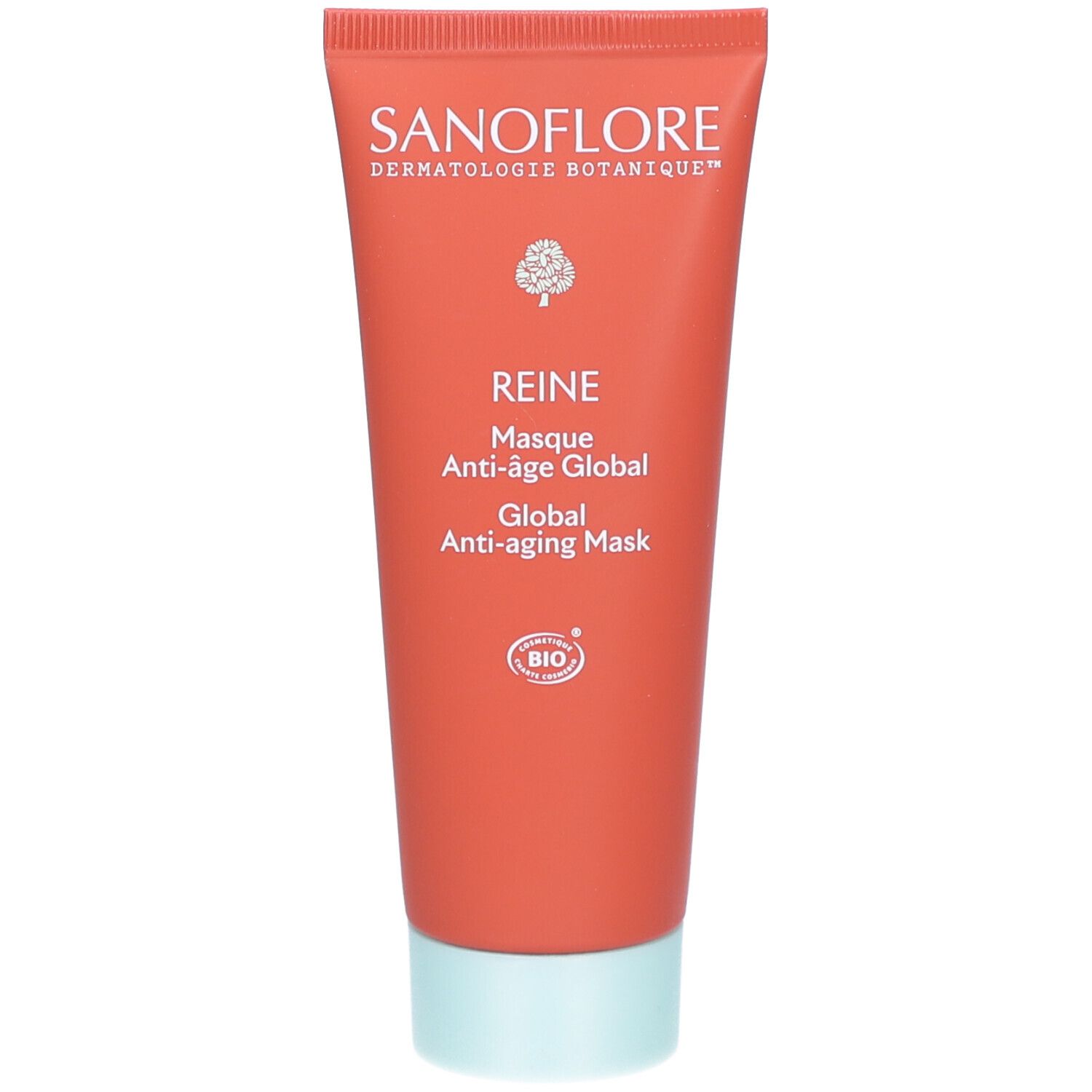 Tube rouge avec bouchon blanc. Texte: SANOFLORE, REINE, Masque Anti-âge Global, certification BIO.