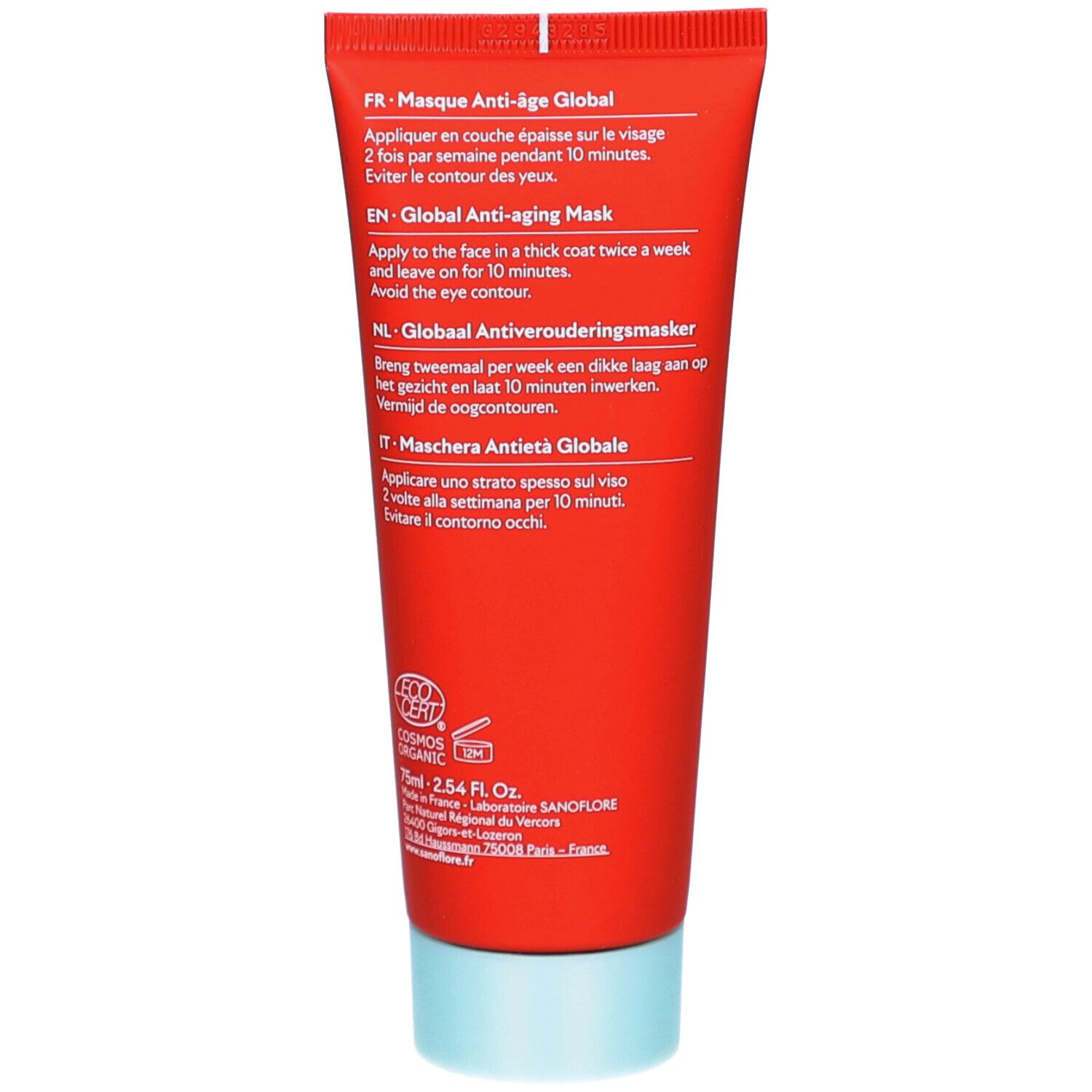 Dos du tube rouge. Texte multilingue: instructions d'utilisation, ingrédients, certification BIO.