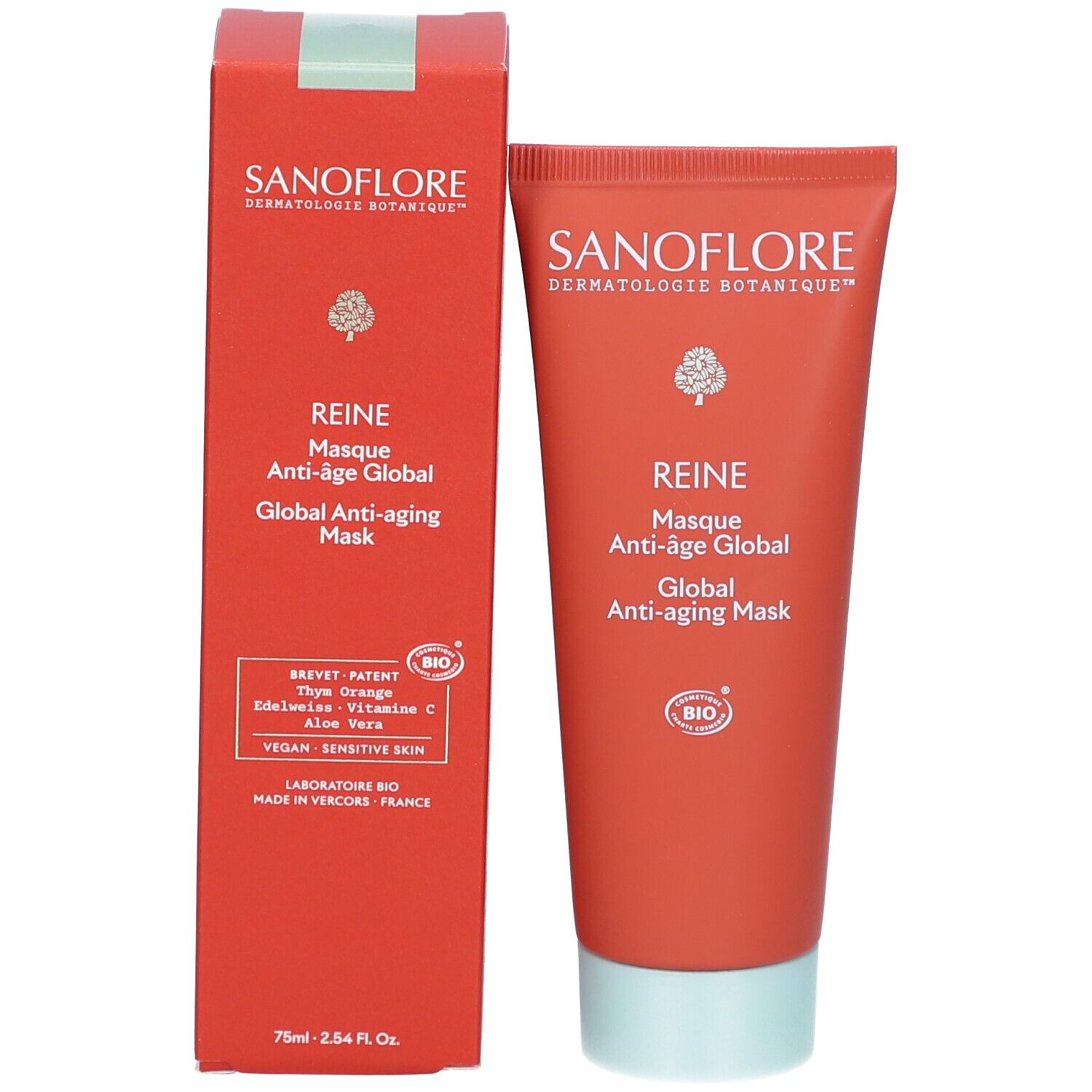 Produit et emballage. Boîte et tube rouges. Texte: SANOFLORE, REINE, Masque Anti-âge Global, BIO.