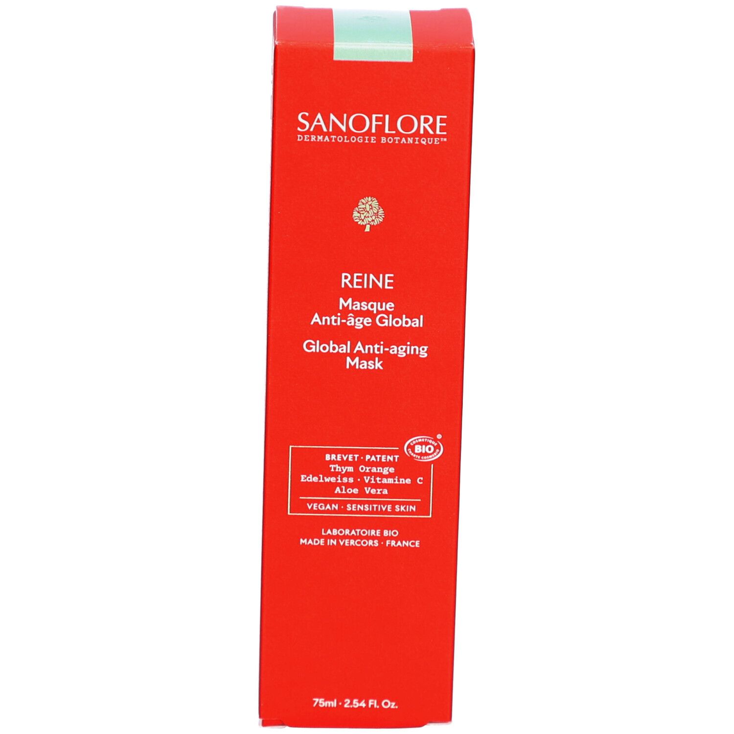 Boîte rouge. Texte: SANOFLORE, REINE, Masque Anti-âge Global, certification BIO, ingrédients.