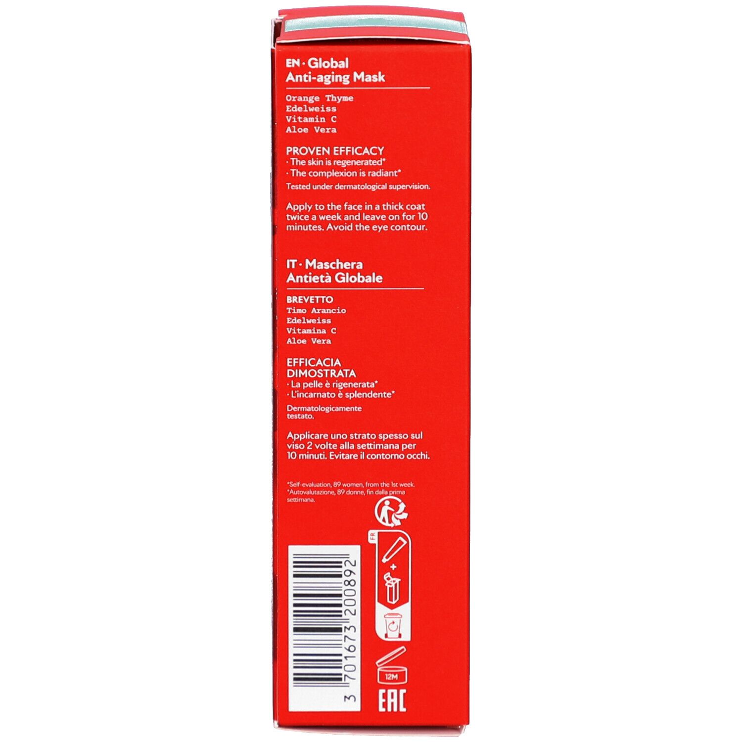 Dos de la boîte rouge. Texte multilingue: utilisation, ingrédients, code-barres.