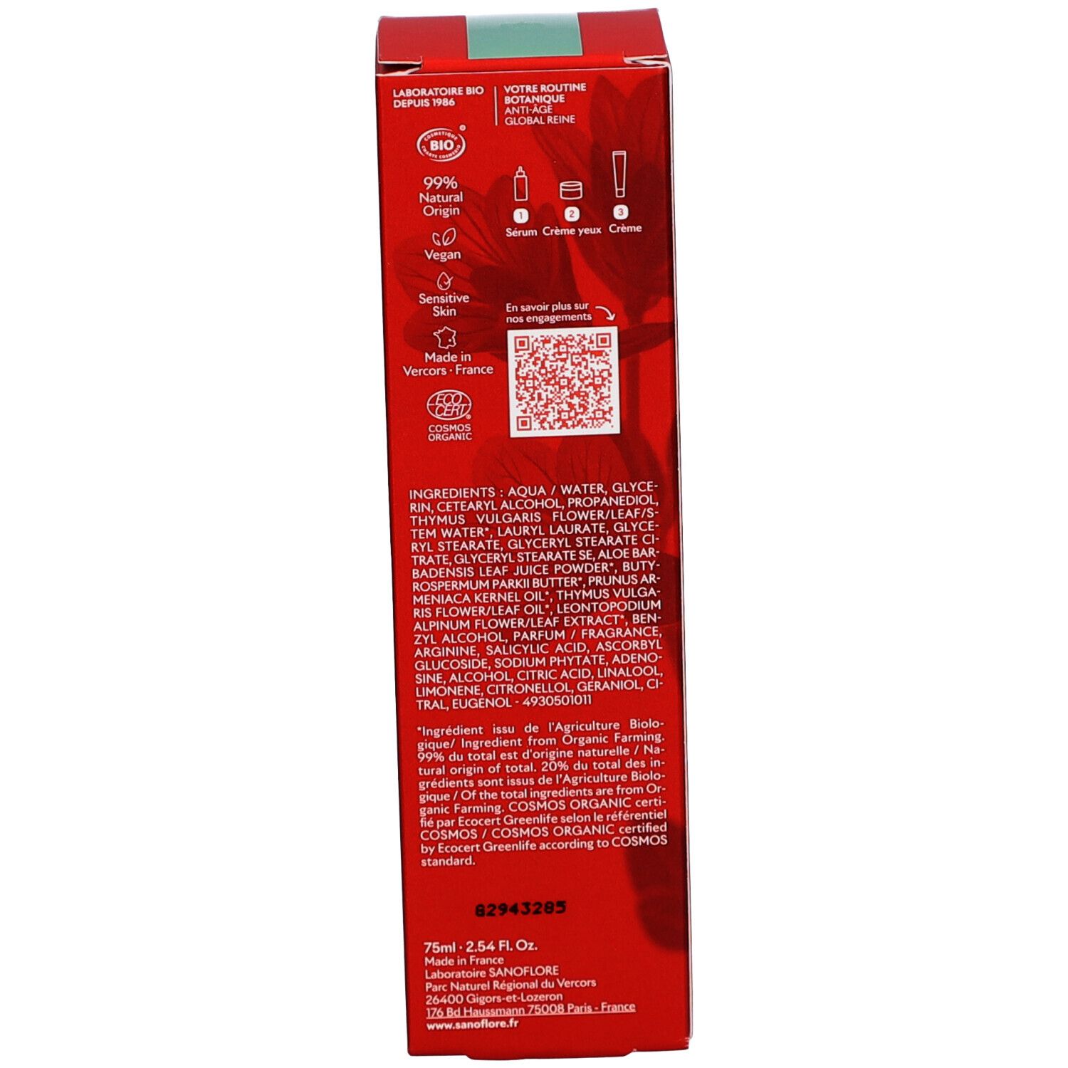 Côté de la boîte rouge. Texte: ingrédients, QR code, certification BIO, Vegan.